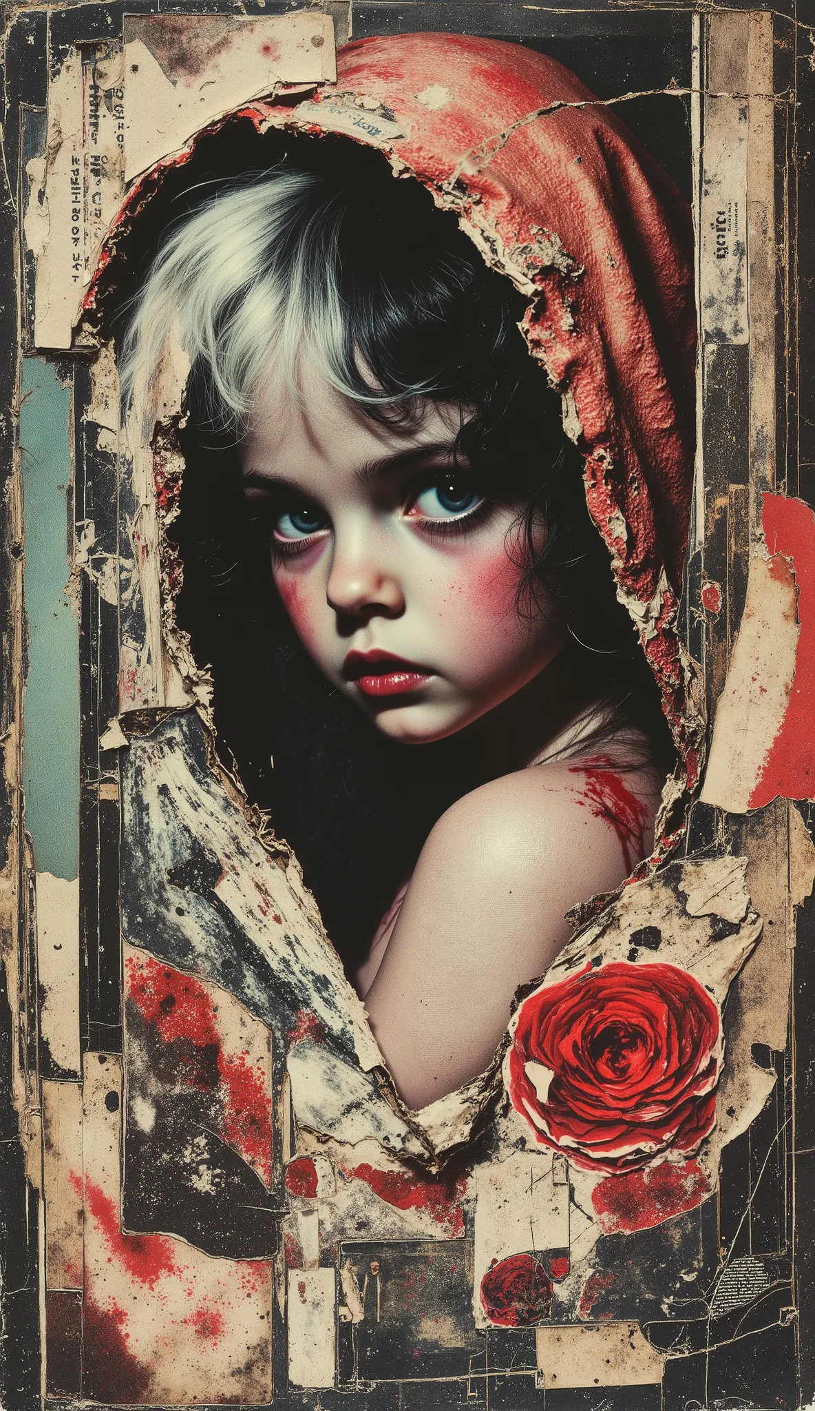 film(1929), directed by Luis Buñuel, Surreal retro collage artwork composed of cutouts from vintage horror magazines, chaotic and rebellious composition, torn paper textures, bold pop colors, absurd juxtapositions, sinister nostalgic aesthetic. Hidden with...
