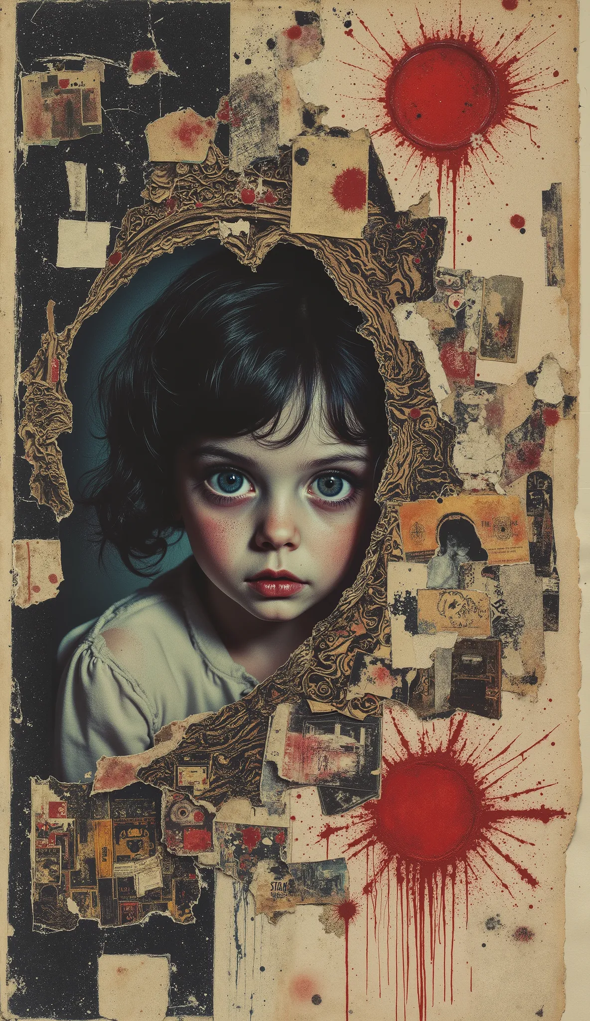 film(1929), directed by Luis Buñuel, Surreal retro collage artwork composed of cutouts from vintage horror magazines, chaotic and rebellious composition, torn paper textures, bold pop colors, absurd juxtapositions, sinister nostalgic aesthetic. Hidden with...