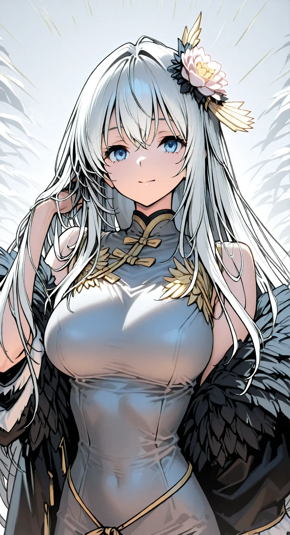 anime girl Picture of a woman with long white hair and a flower in her hair, Gray Hairの deity, Gray Hairの, Gray Hair, Gray Hairの lady, White fox, perfect Gray Hairの girl, elements and, Picture of a woman with long white hair, Anime Goddess, Portrait of a g...