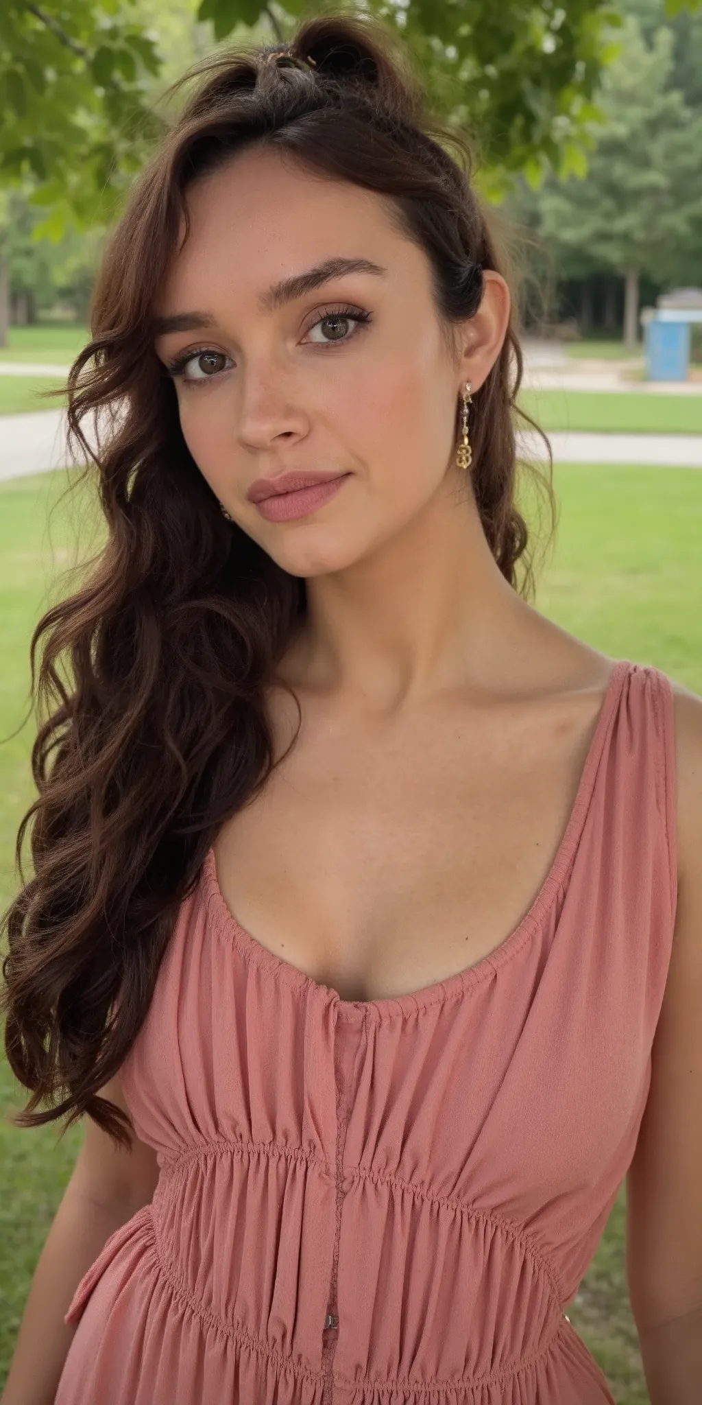 (((((close up portrait))))) Intimate SFW Instagram photo of a woman with features smiling, sexy beautiful smile, S-shaped pose. She has pale complexion, square-shaped faced, high cheekbones, small sharp nose, pointy chin, defined jawline, big sultry eye, l...