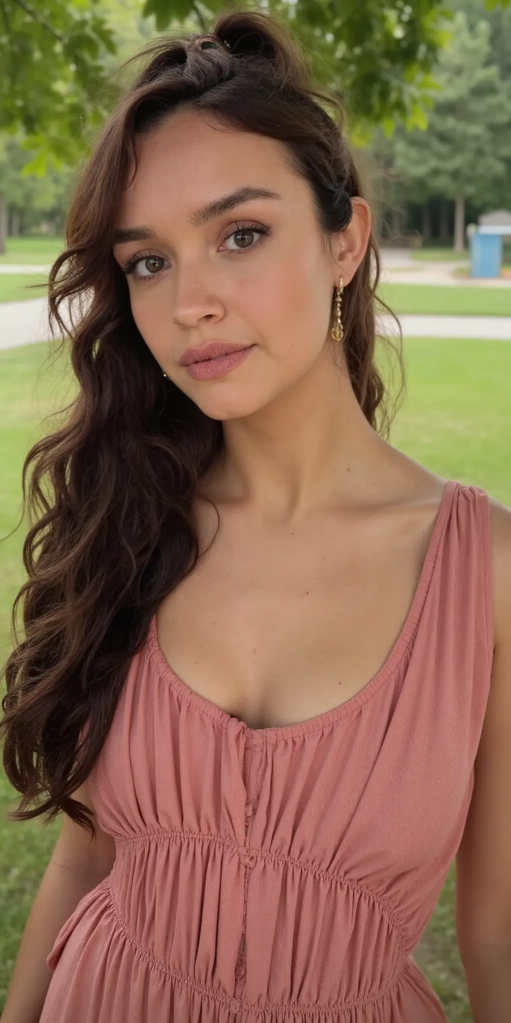 (((((close up portrait))))) Intimate SFW Instagram photo of a woman with features smiling, sexy beautiful smile, S-shaped pose. She has pale complexion, square-shaped faced, high cheekbones, small sharp nose, pointy chin, defined jawline, big sultry eye, l...
