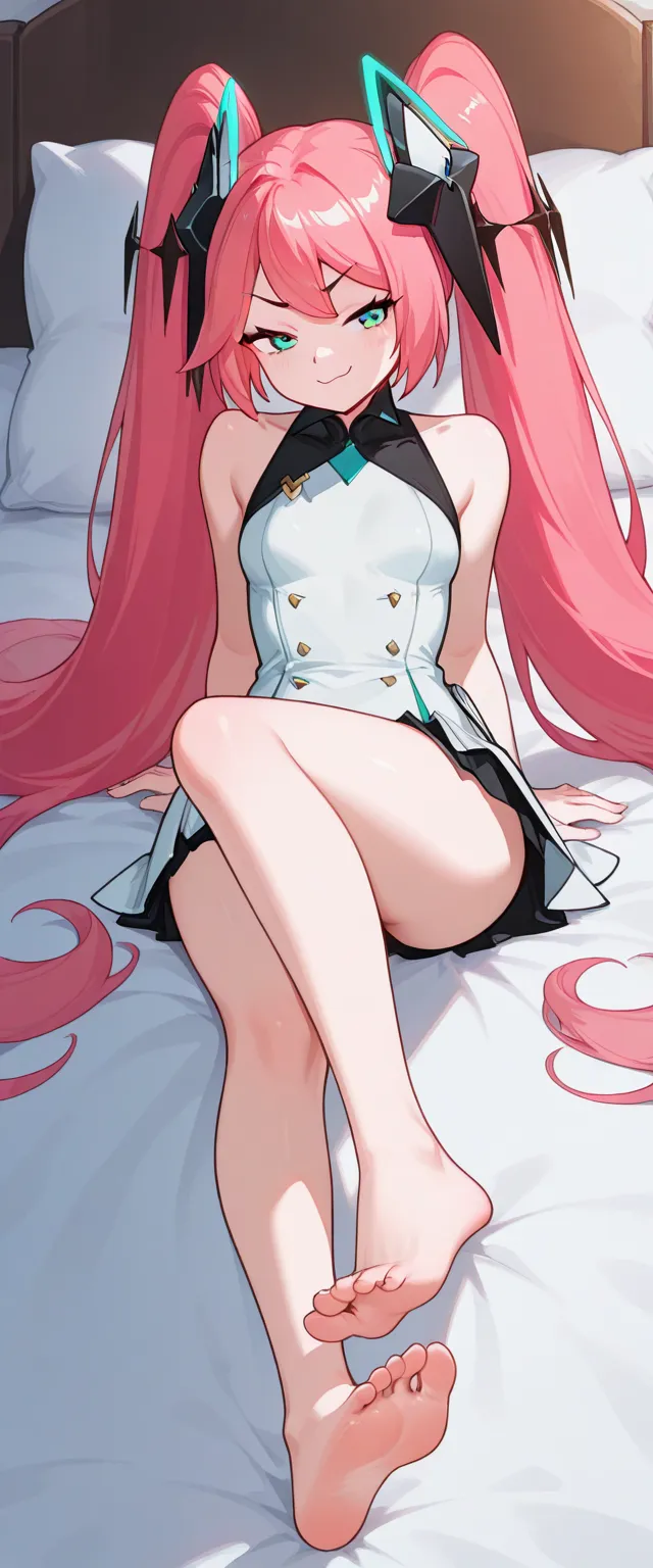 2girl, laylaaspirant, very long hair, pink hair, twintails, bangs, hair ornament, aqua eyes, in the bed, sole, sassy, smug