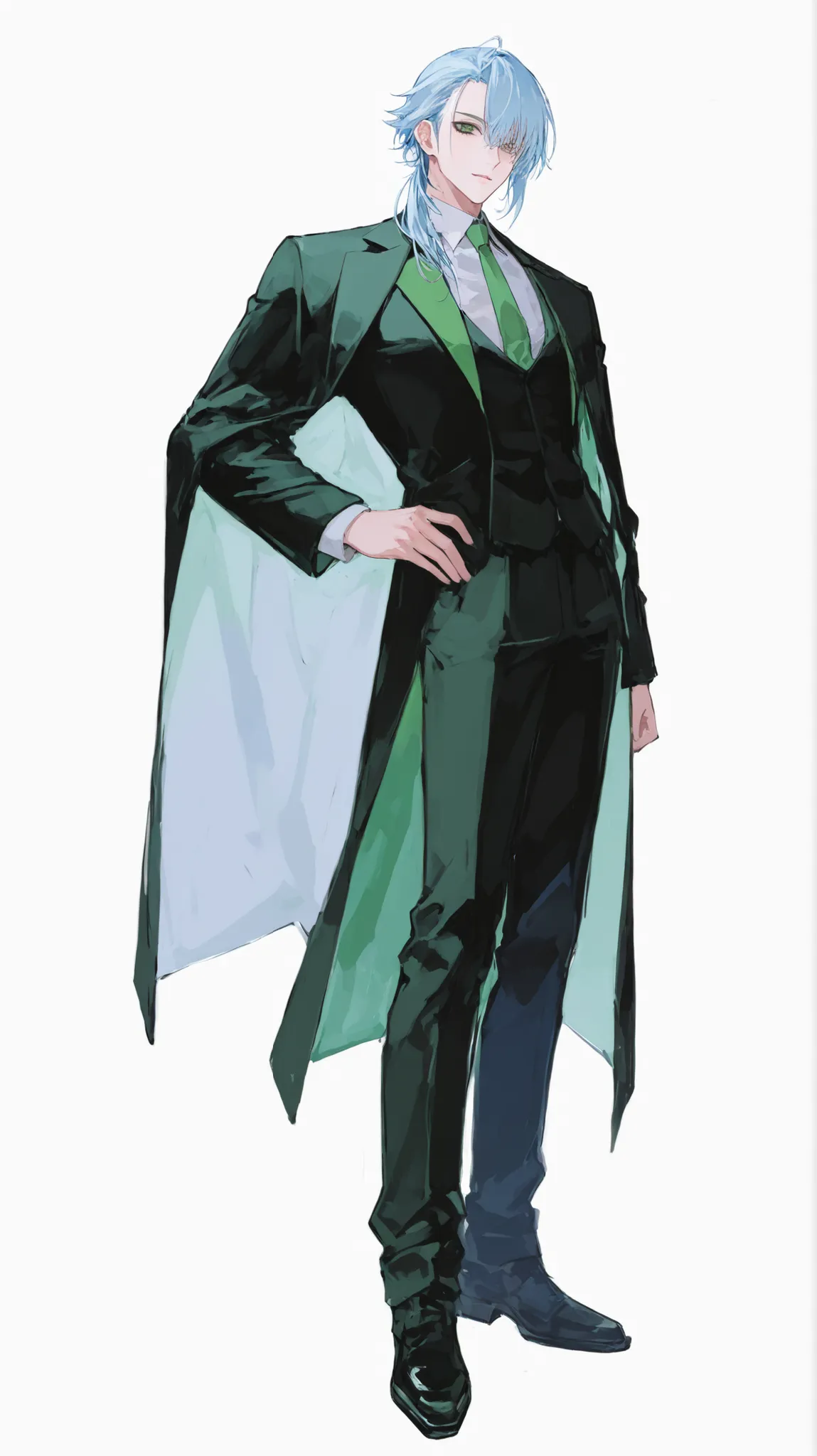 Highest Quality　male　full body　front　standing up picture　mafia　pale light blue hair　tall　Dark blue-green eyes　Alluring　white background