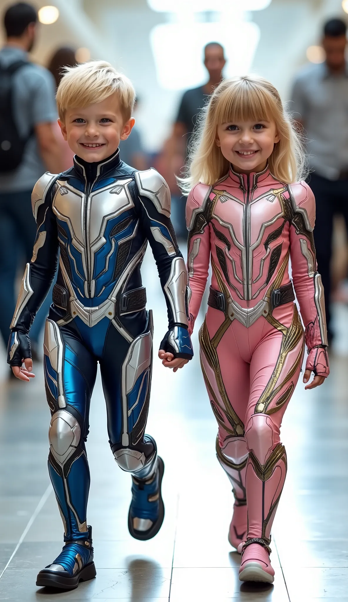 character: 1 baby boy blonde hair Wearing futuristic antman body suit with blue silver armor futuristic white accents, and 1 baby girl blonde hair with bangs Wearing futuristic pink antman body suit with gold silver armor futuristic white accents . They ...