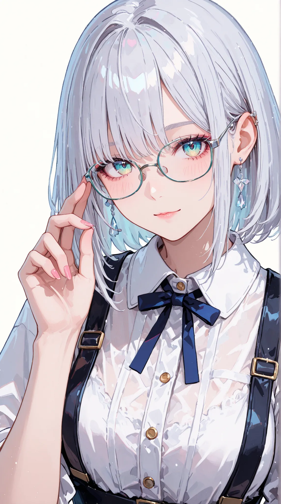female, fashionable glasses, Reworked silver hair,