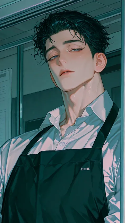 8k, Safe Solo, 아름다운 masterpiece, 35 year old man , mature 남자, handsome and strong male, strong appearance, handsome, Sturdy body, manly appearance, disheveled bangs, with a dot under his mouth, Slicked back hair, Half-closed eyes, dark colored eyes, A handsome, strong man with dark black hair, tightly closed lips, Male-centered, handsome man, I wore a white shirt, a black apron, Keeping an eye on the screen, Perfect eye shape, masterpiece, Delicate line drawing center, Rough touch, Premium, amazing quality, Exquisite Details, very detailed, mature, alone,  low angle, dynamic angle, perfect hand shape, Laughter with pale eyes, cool tone, soft light, 오후 햇살, 눈웃음
