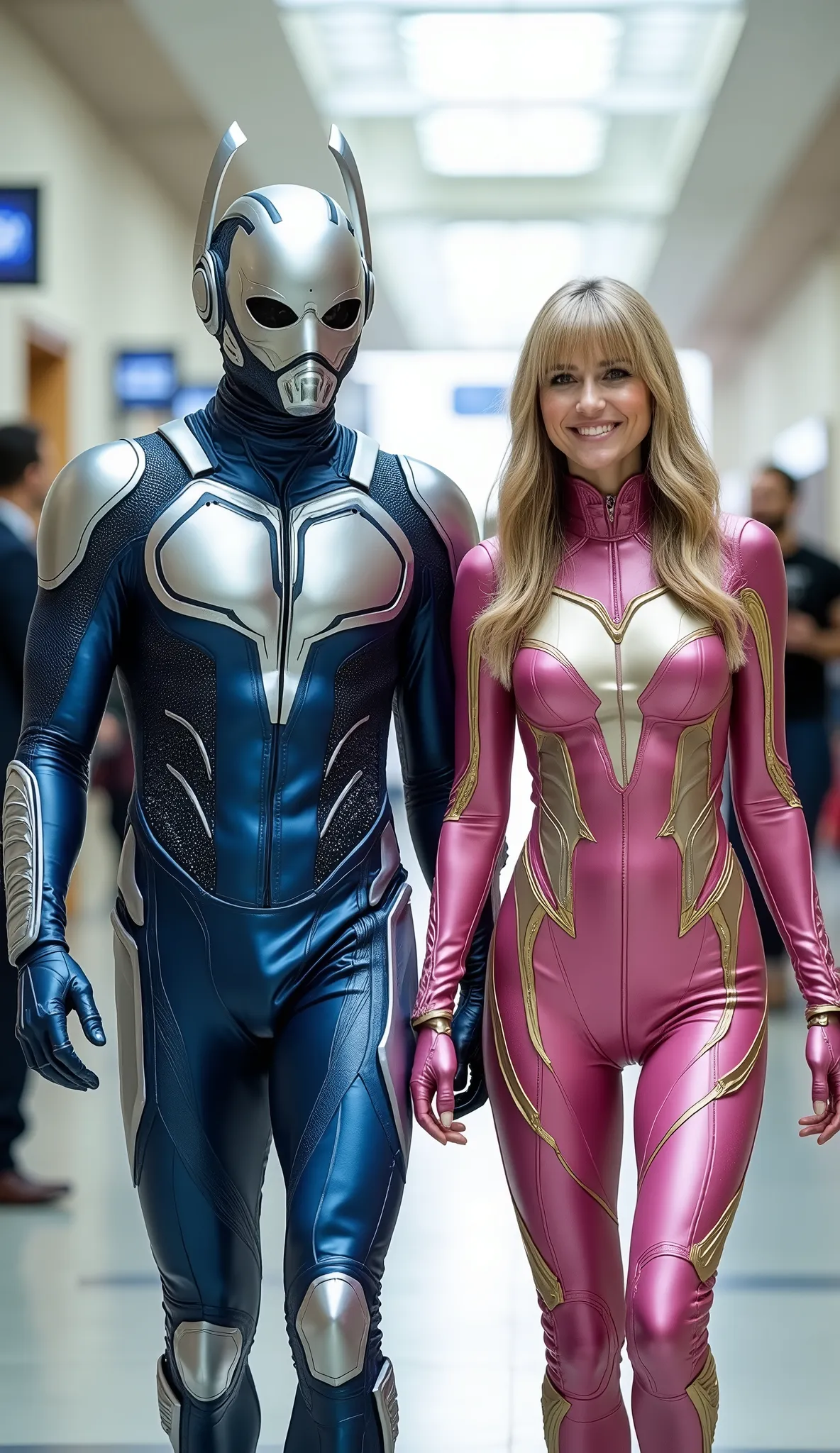 character: 1 man with mask full head Wearing futuristic antman body suit with blue silver armor futuristic white accents, and 1 woman blonde hair with bangs Wearing futuristic pink antman body suit with gold silver armor futuristic white accents . They L...