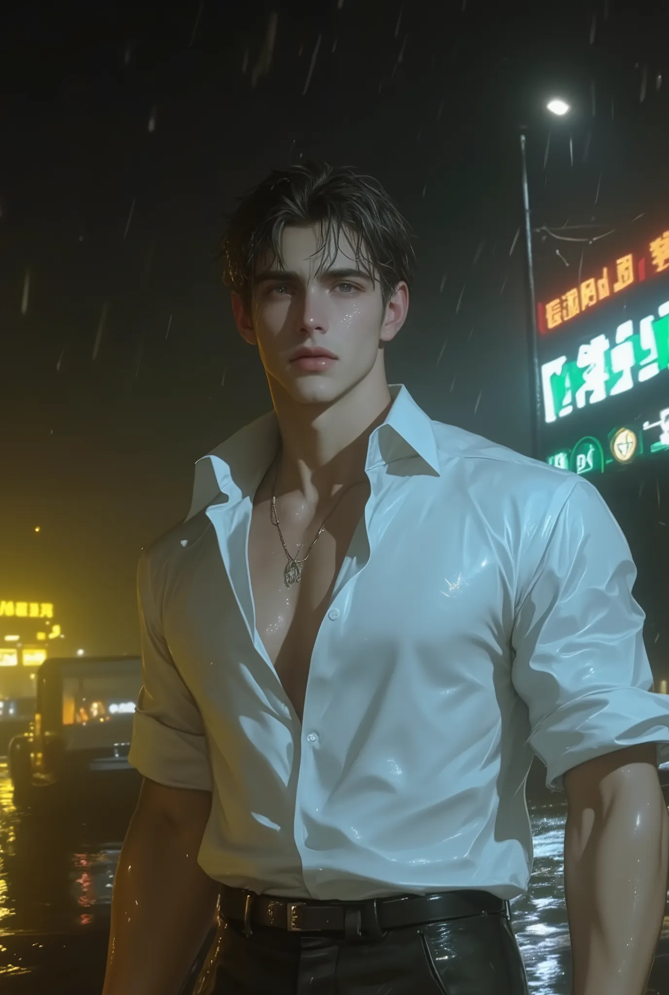 polyhedron,Nam ,middle-aged, American, strong masculinity , short black hair drooping down from getting wet, standing in the harbor, soaked ,wearing a wet white shirt ,  rolled up sleeves ,  healthy muscles , big toned arms, tendons , strong jaw contour , ...