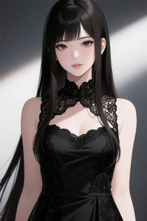 ultra detailed, absolutely resolution, masterpiece, A very beautiful Japanese beauty, with long straight hair parted in the middle, wearing a black lace embroidered dress, (brilliant light and shadow, seamless, contrast, gradation) effects, highly detailed, sharp focus and contrast, extremely clear image, 2.5D, artistic photography, hyper realistic, effects magic, shading effects magic, lighting effects magic, manga style
