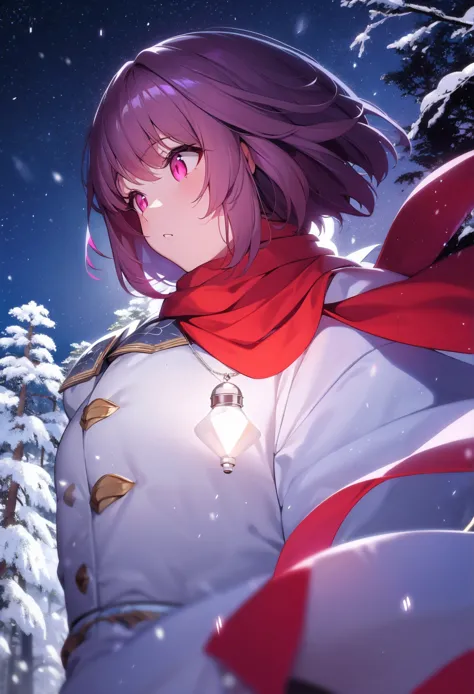 anime girl, pink eyes, medium-length magenta hair, proud, red scarf, white winter coat, snowy background, starry night sky, glowing lamplights, cinematic lighting, aesthetic angle, soft lighting, depth of field, snowflakes, pine trees, anime style, masterpiece, ultra-detailed, Kyoto Animation