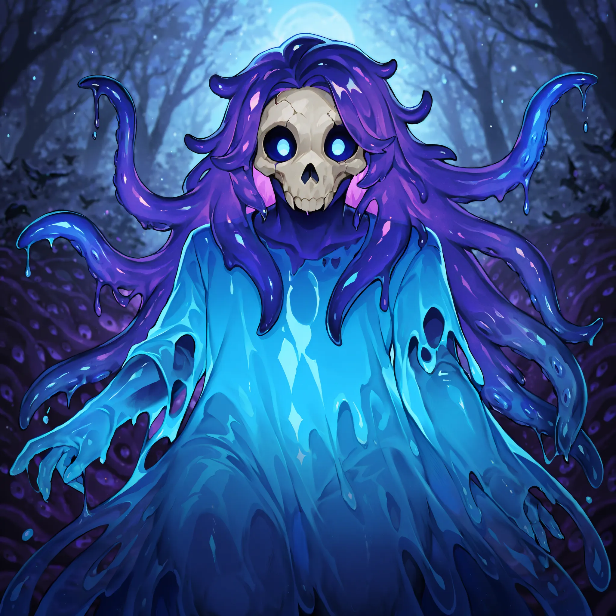 Slime: Imagine a feminine Slime with a gelatinous shape, but more defined, of a brilliant turquoise blue tone that reflects light. Body is fluid and malleable, but maintains a humanoid figure, Androgyny, anthro, skull face, crow mask on side of the head, t...