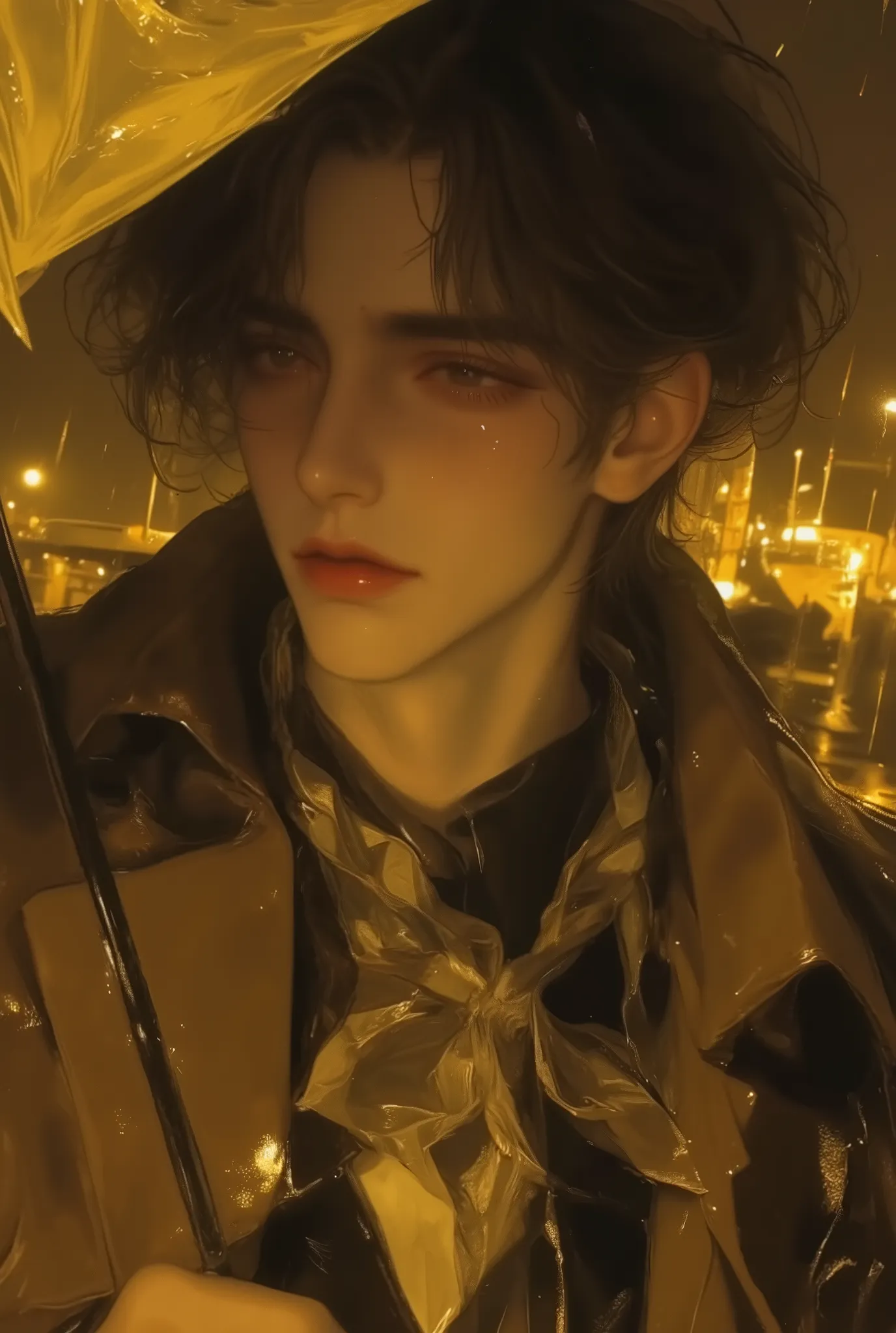 polyhedron,Nam , korean, cao, slim , short brunette , standing in the harbor, wear shirt, long brown windbreaker, plaid neckerchief, amber eyes ,  high nose , soft lips, slim figure , wide open eyes, shocked.  Umbrella holder, Yellow light from the street ...