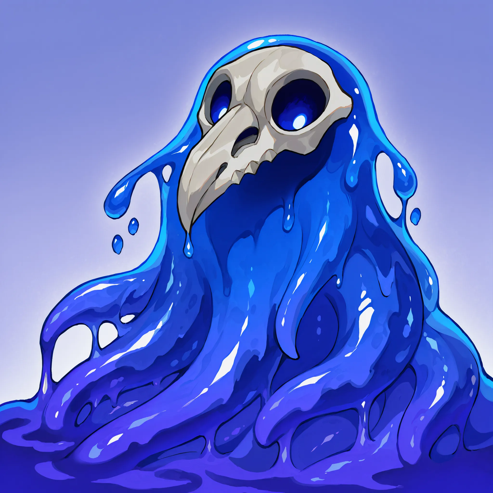 Adult Waifu Slime: Imagine a feminine Slime with a gelatinous shape, but more defined, of a brilliant turquoise blue tone that reflects light. Her body is fluid and malleable, but maintains a humanoid figure, crow skull mask on side of the head, transparen...