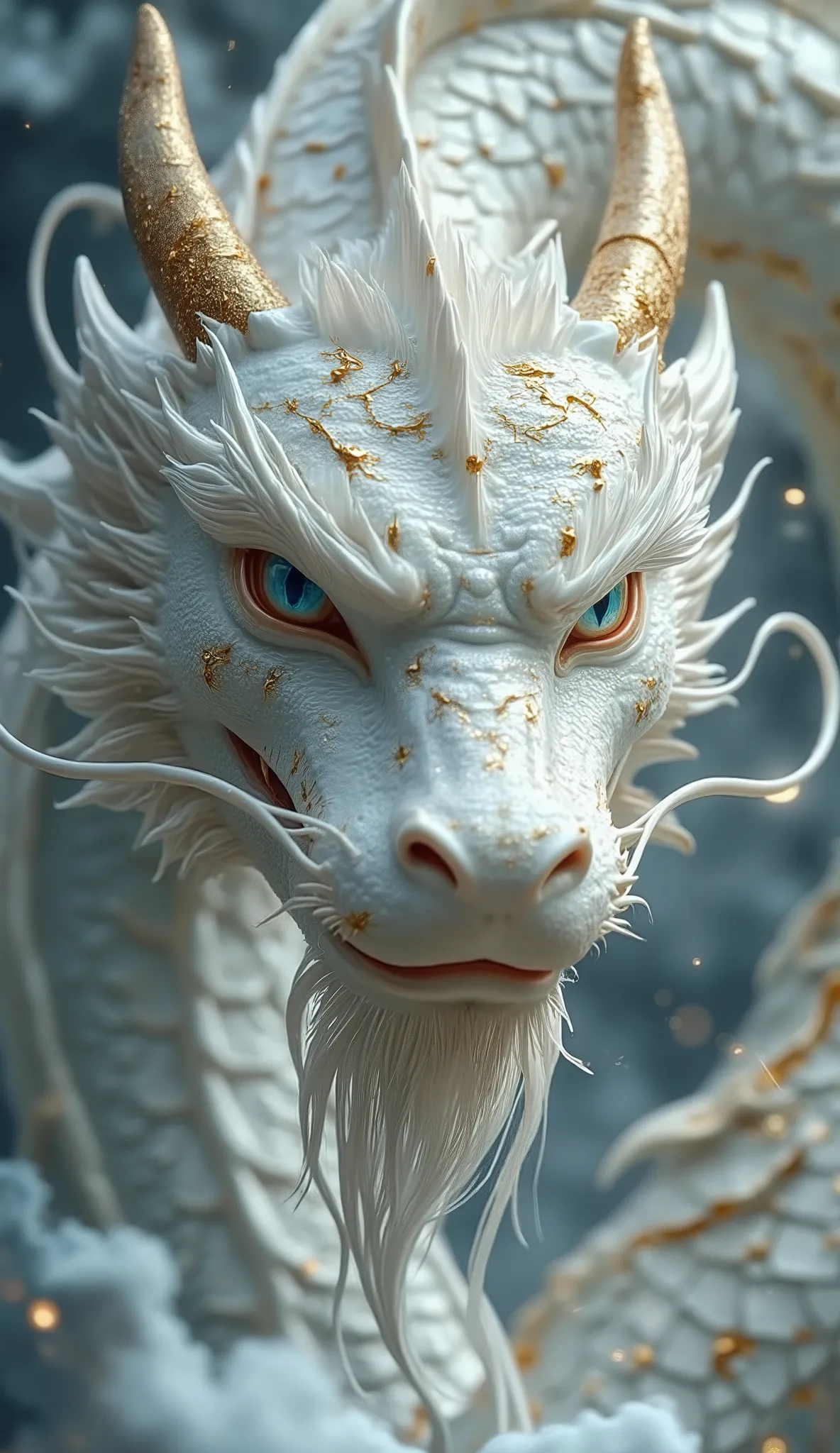 An extreme close-up of a colossal porcelain dragon flying directly toward the camera, its enormous head and upper body dominating the frame. The dragon is made entirely of smooth, glossy white porcelain, adorned with intricate, radiant golden kintsugi crac...