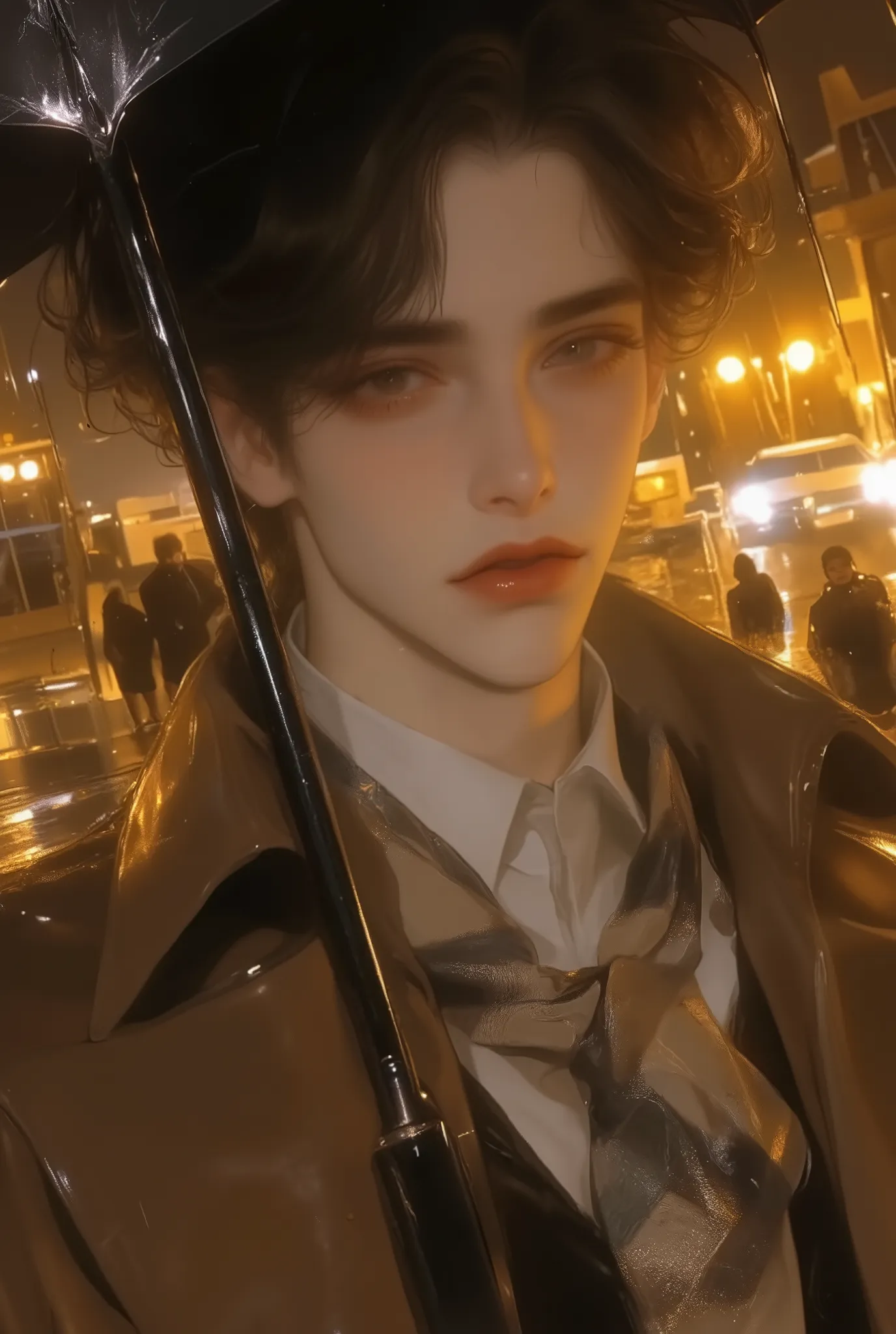 polyhedron,Nam , korean, cao, slim , short brunette , standing in the harbor, wear shirt, long brown windbreaker, plaid neckerchief, amber eyes ,  high nose , soft lips, slim figure , wide open eyes, shocked.  Umbrella holder, Yellow light from the street ...