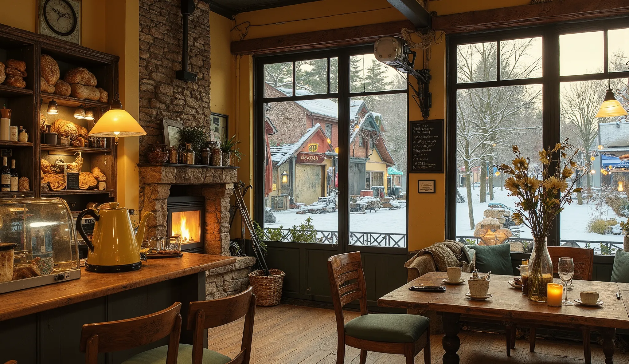 a cafe, surrounded by of glass, warm soft yellow tone,
The interior has a wooden counter , on which a shiny metal coffee pot shines a soft yellow color , the symbol of the artistic coffee deck and welcome . Under the counter , a glass display cabine...