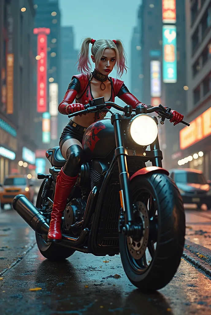 Harley Quinn rides the Badmen motorcycle to Gotham City, She is wearing red high Hunter rubber boots