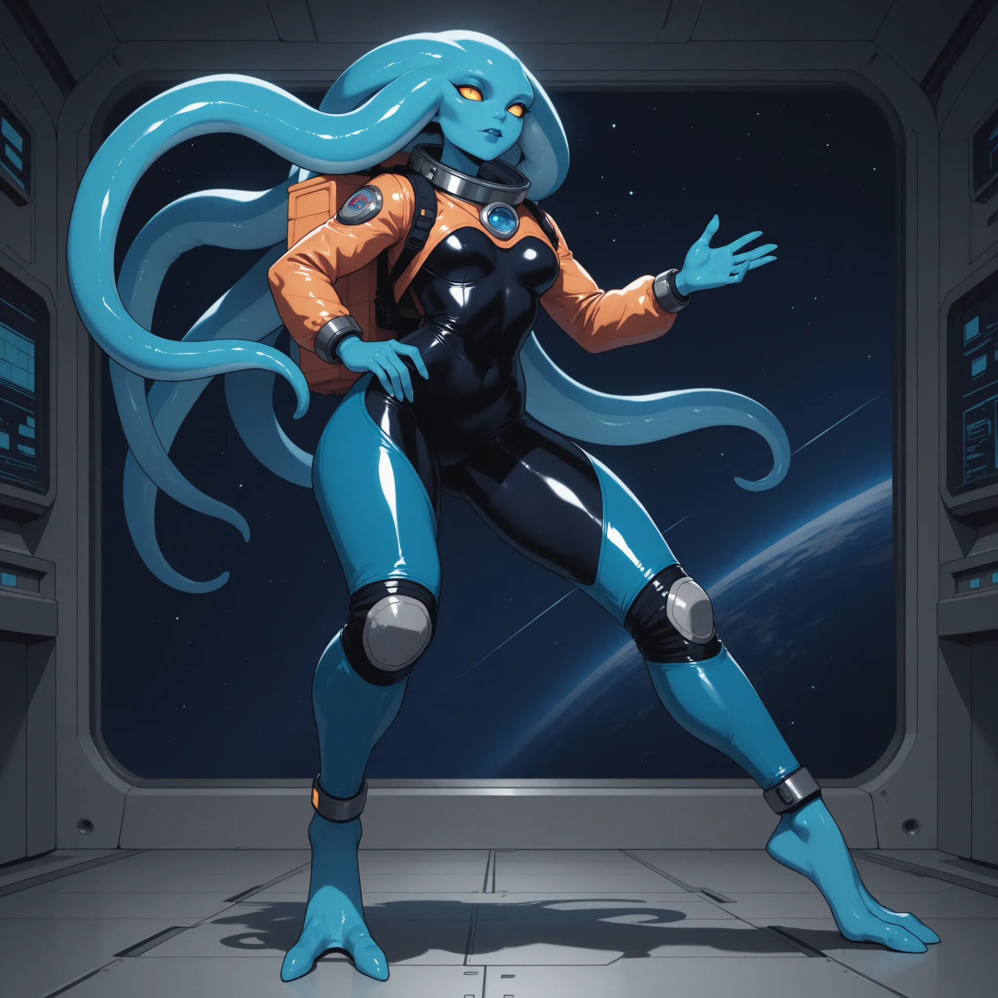 Full body alien woman with blue skin, big head, no ears, tentacle hair, recurved legs, in spandex spacesuit, spaceship laboratory background
