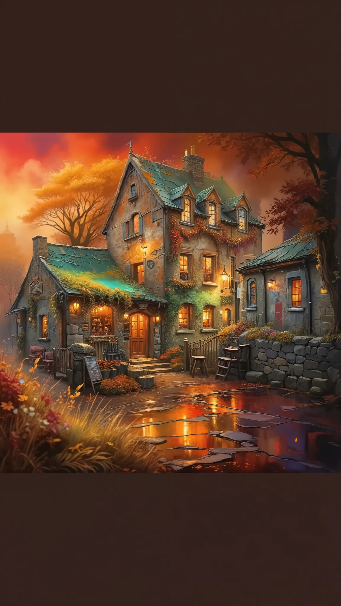 a painting of a house with a pond in front of it, detailed painting 4 k, beautiful art uhd 4 k, a multidimensional cozy tavern, 4k highly detailed digital art, fantasy tavern background, fantasy painting hd, 4k detailed digital art, 8k high quality detaile...