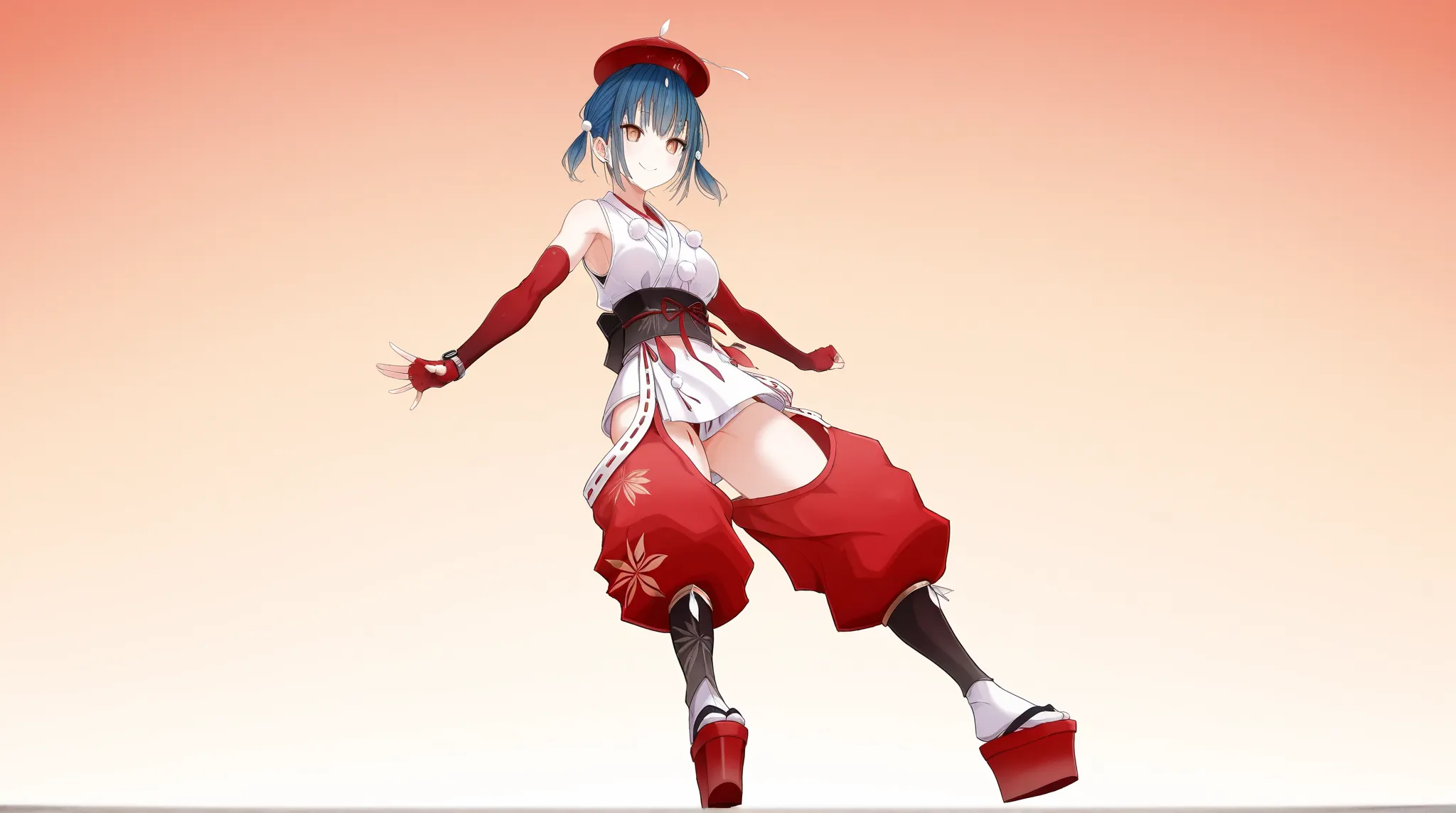 niji-karutacos1、Nijisanji、Yamagami Karuta、White Kimono、short kimono、sleeveless、Pom-pom\(Clothes\)、Black Belt、The plug、red pants、 Cut Out Pants 、hip vent、 Crotch Cut Out 、 Thigh Cut Out 、 thighs exposed、elbow gloves、red gloves、fingerless gloves、 socks、Gradient socks 、white socks、black socks、Talkin&#39; Hat、red hat、Platform shoes、Red footwear、Watch here、smile、 Bust、