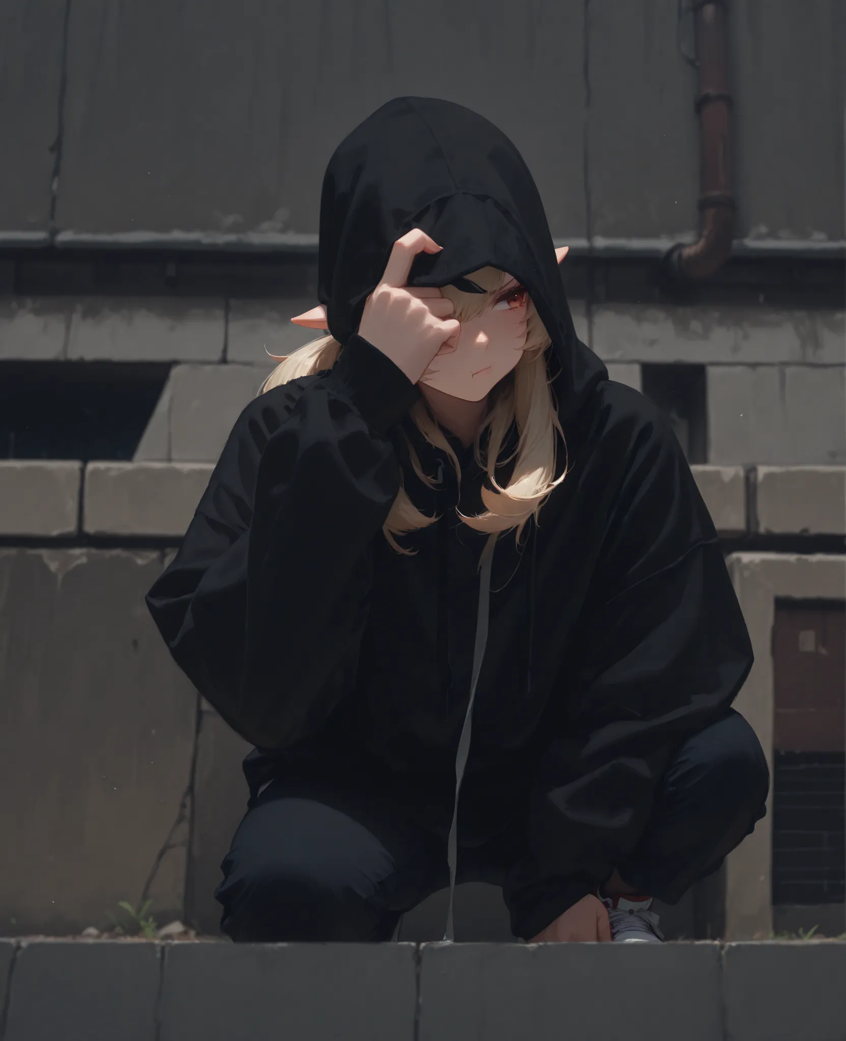 masterpiece, newest, absurdres, best quality, hires, 1girl, klee \(genshin impact\), outdoors, black hoodie, pants, sneakers, squatting, pouting, looking away