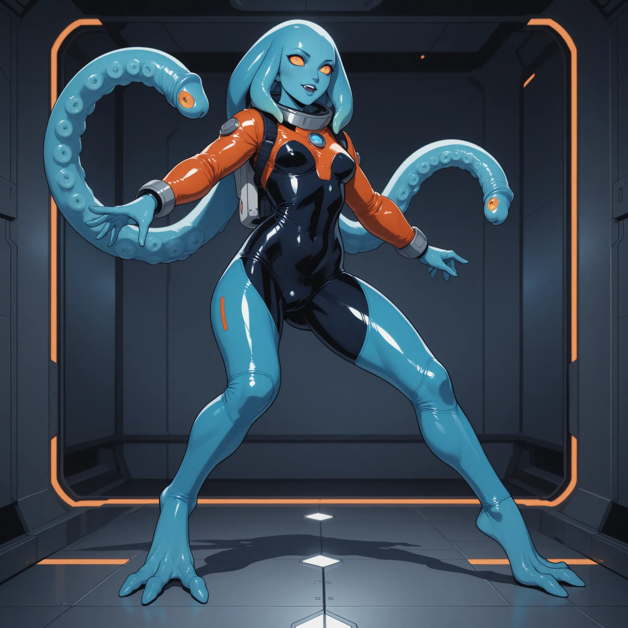 Full body alien woman with blue skin, big head, no ears, tentacle hair, recurved legs, ovipositor penis, in spandex spacesuit, spaceship laboratory background