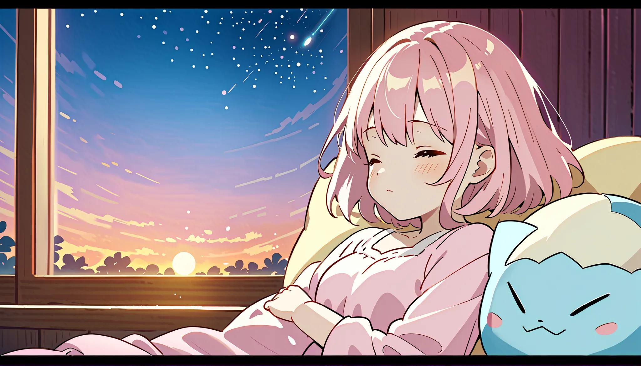 "A soothing LOFI-style anime scene featuring a peaceful girl resting in a dreamy nighttime environment inspired by the world of 'Pokémon Sleep'. She is surrounded by adorable, calming Pokémon like Snorlax, Jigglypuff, or Eevee, all sleeping or relaxing nea...
