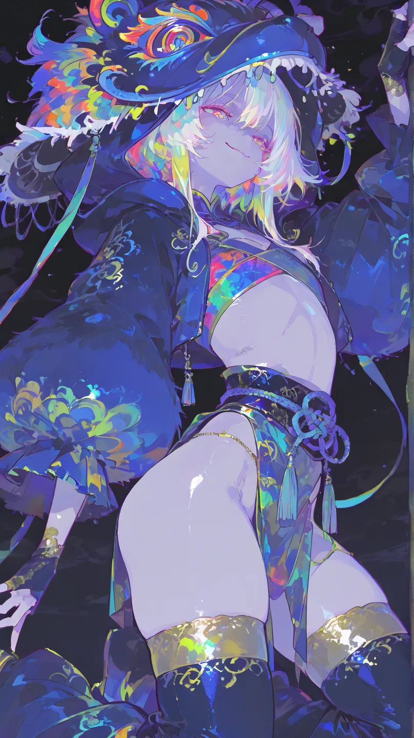 masterpiece, best quality, high resolution, from behind, anime style, flat color, looking at user, 1girl, solo, tall girl, multicolored hair, white hair, multicolored eyes, flat chest, thick thighs, tight belly, false smile, opening eyes, kneeling on one leg, Chinese lion dance costume, baggy pants, fur on the hips, sub-details, colorful, best quality, Heinstylia, pelvic_curtain, bare_hips, jacket, cropped_jacket, hooded_jacket, open_jacket, dark_blue_jacket, obi, puffy_sleeves, wide_sleeves, fingerless_gloves, thighhighs, antifreeze3
