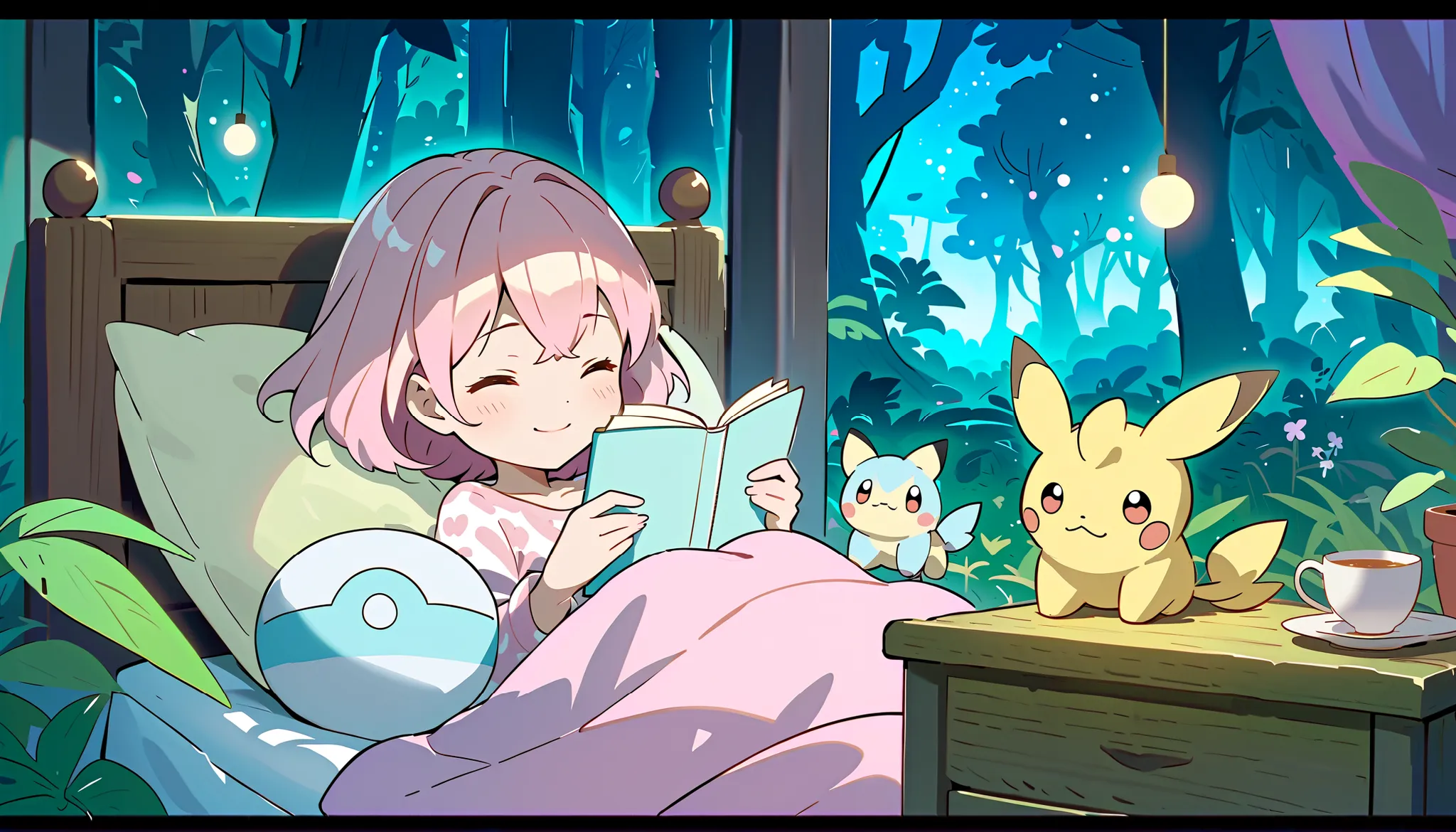 "A dreamy LOFI-style anime scene centered around adorable, sleepy Pokémon in a soft, nighttime setting inspired by the world of 'Pokémon Sleep'. Snorlax lies peacefully as the focal point, surrounded by other comforting Pokémon like Eevee, Togepi, Jigglypu...