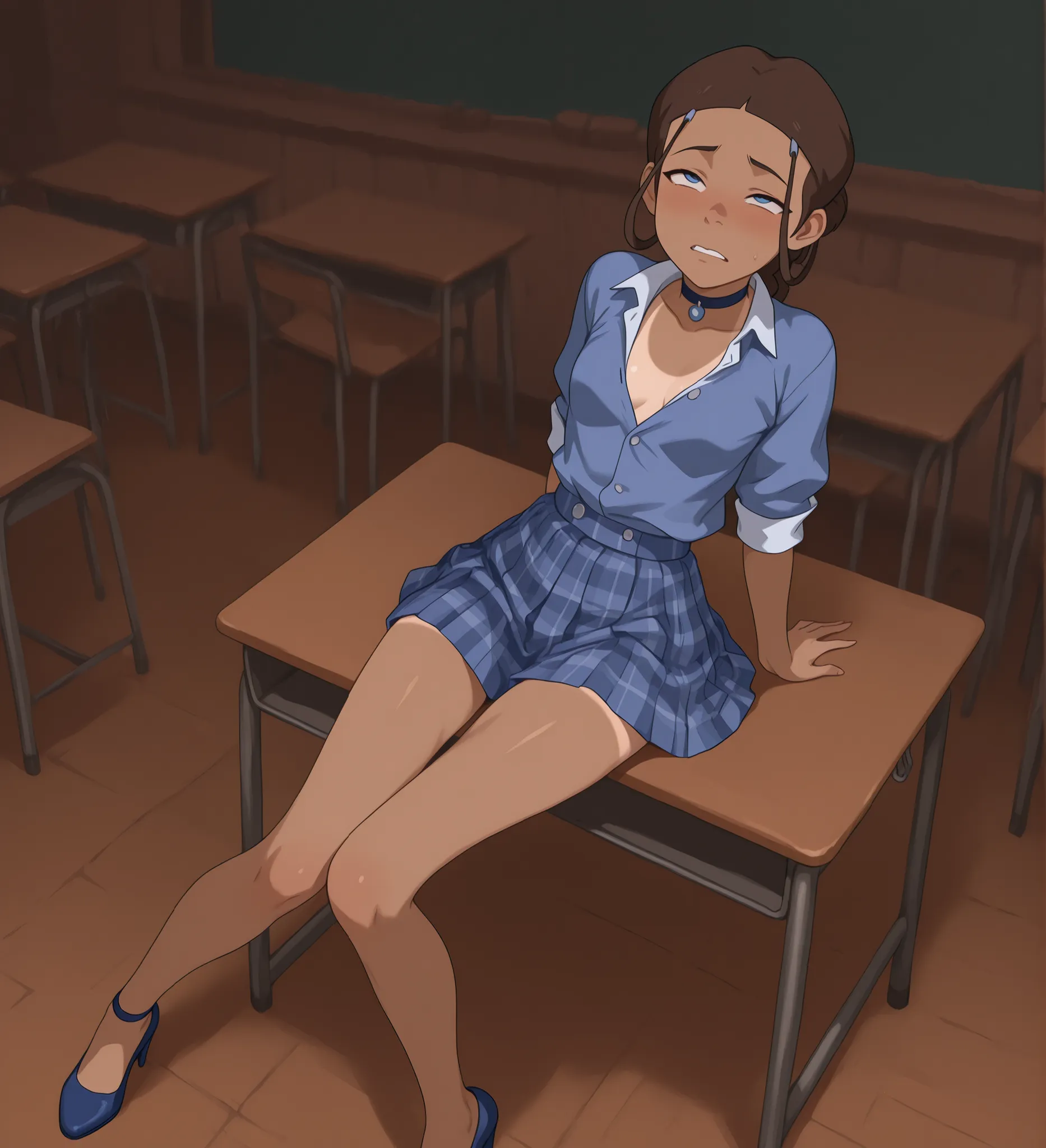 masterpiece, high quality, 1girl, katara, dark skin, dark-skinned female, brown hair, choker, jewelry, sidelocks, sidelocks tied back, braid, blue eyes, plaid school skirt, high heels, unbuttoned top, naughty girl, confused expression, nervous, no socks, s...