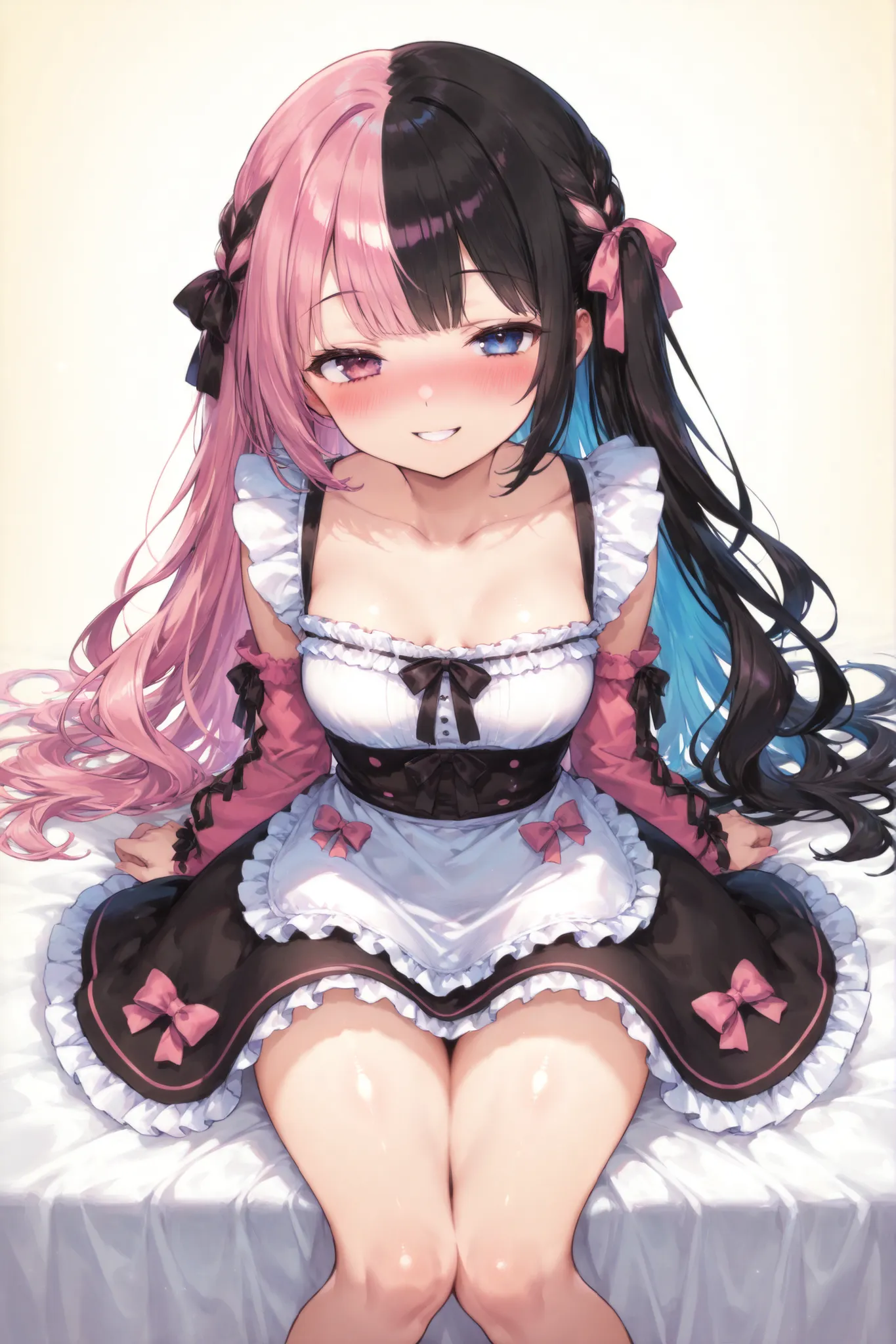 A cute girl wearing a pink maid outfit (short frilly skirt), blushing with a smiling expression, energetic pose (arms spread out), sitting in a 'girl's pose' (knees together but slightly apart), long fluffy hair, pink and black two-tone hair, large ribbons...