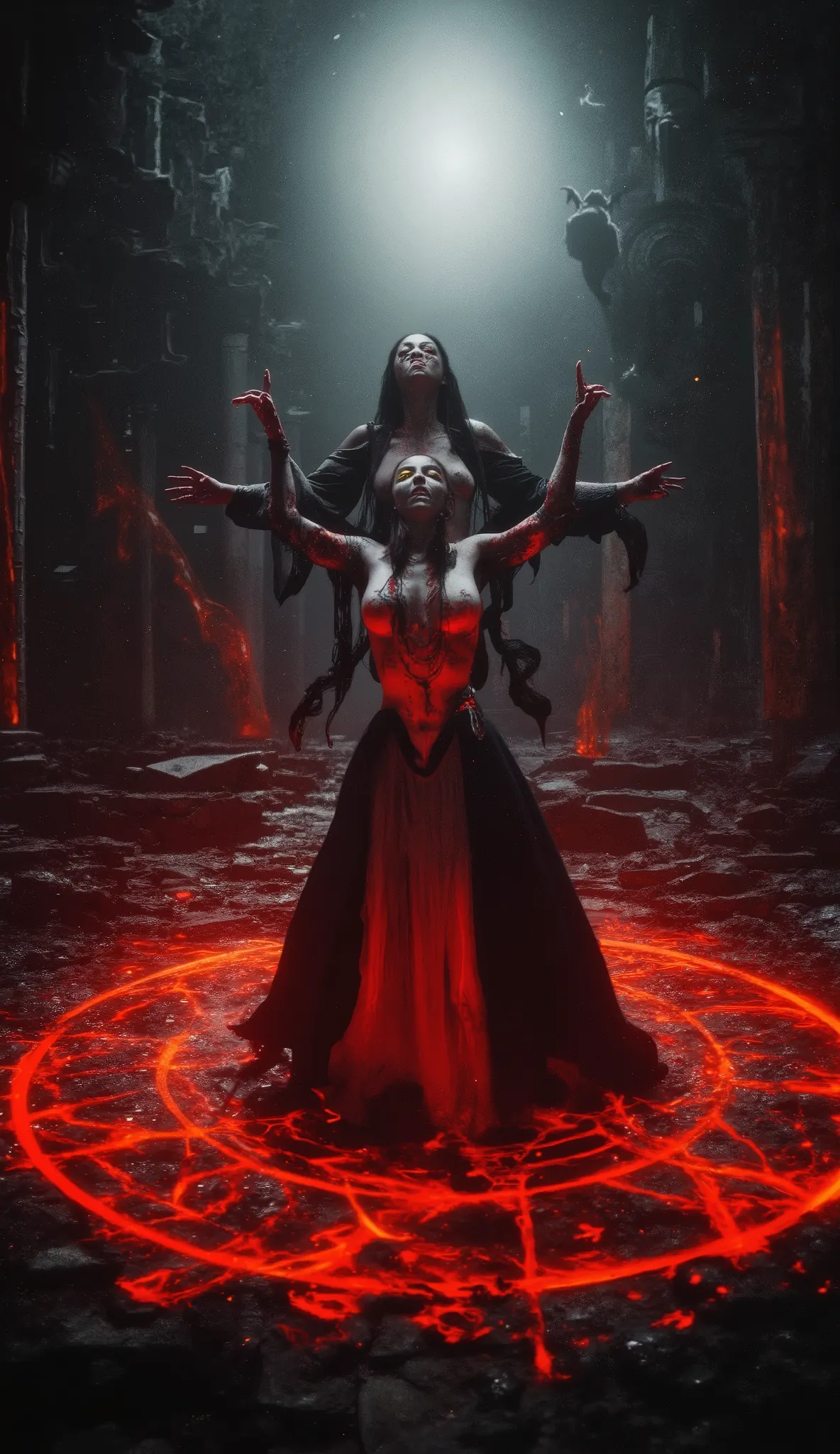 A powerful dark evil blood priestess performing a summoning ritual in ancient temple ruins. She stands in the center of a glowing magic circle carved into cracked stone, surrounded by crumbling columns and arcane symbols. She has red skin with white tattoo...