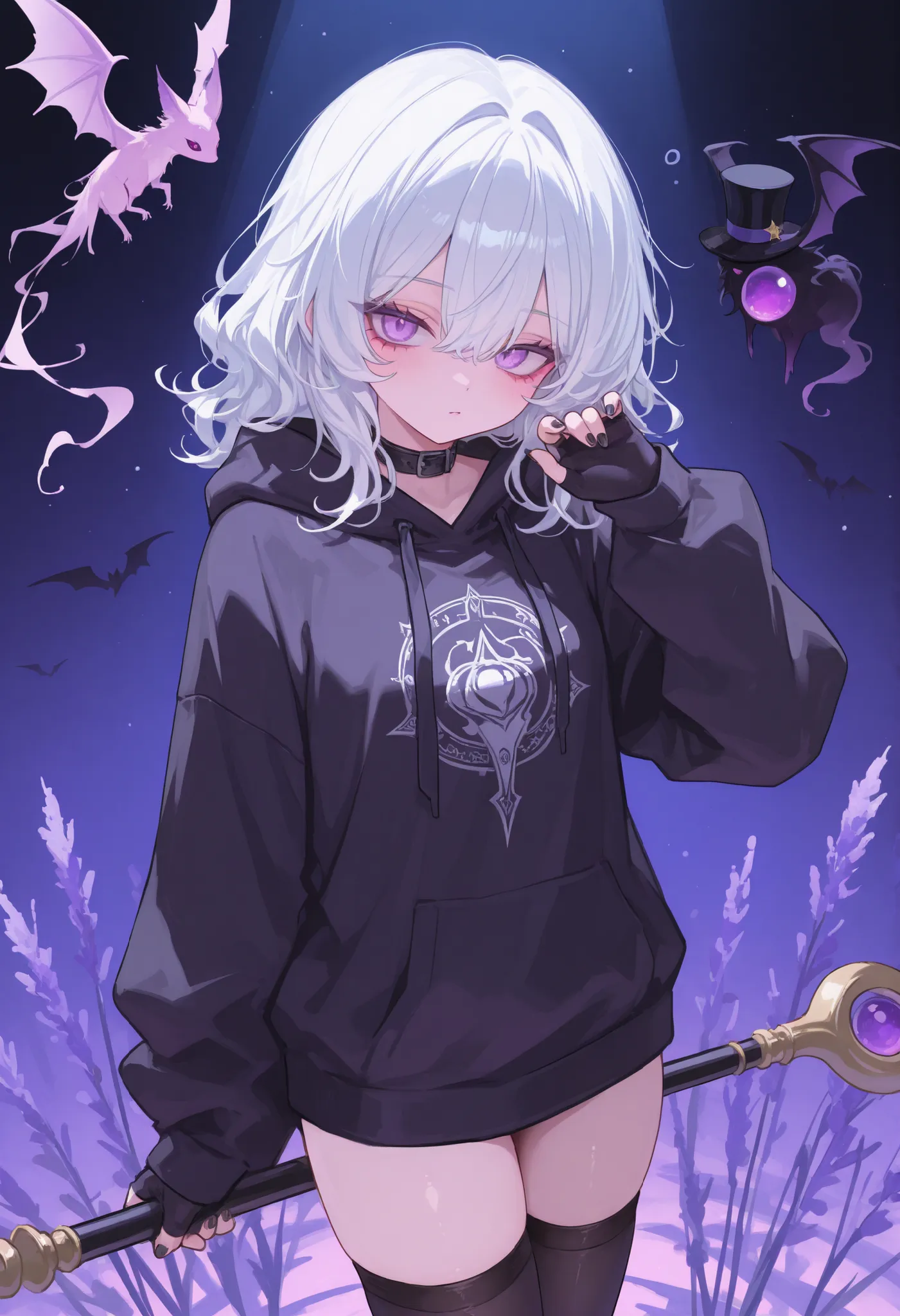 a young man with white hair, wavy hair, medium hair, lavender eyes, femboy, black nail varnish, long fingerless elbow gloves, dark hoodie, thick thights, thighhighs, magician, beside him floats an ethereal bat-winged creature, long height