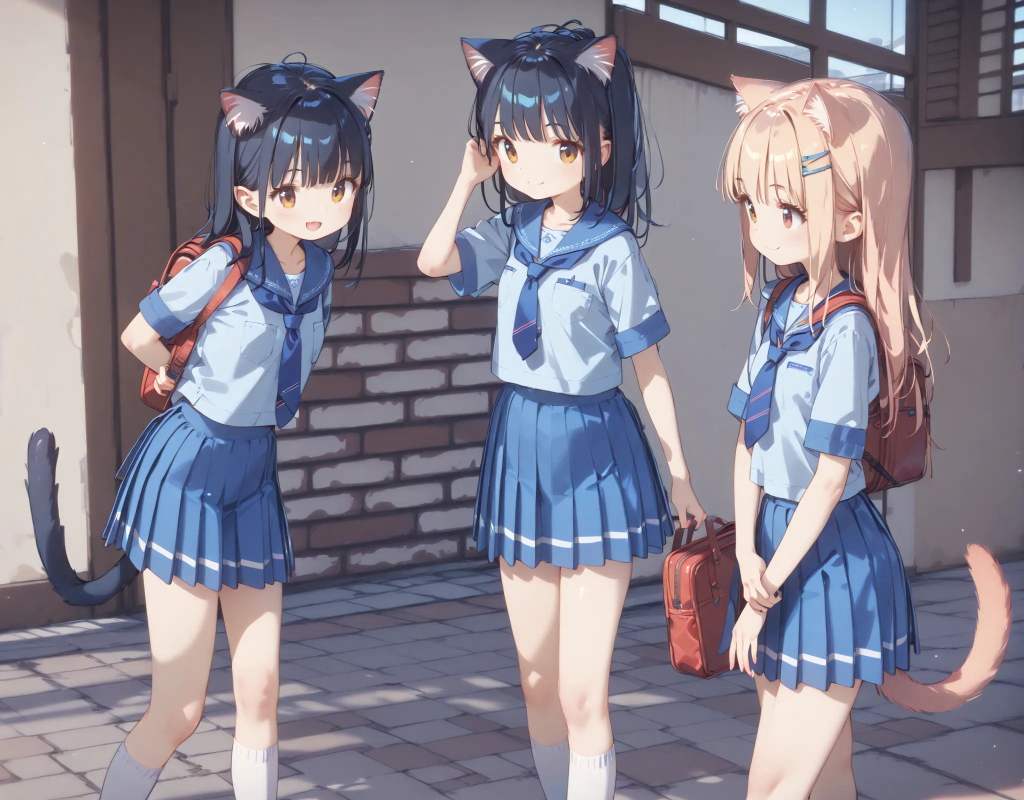 high image quality、high quality、8k、4k、Young girl、Juvenile body、 immature body、Cat ears、 cat tail、 lori、 lori体形、Flat chest、leaving school、evening、3 girls、fun、Chatting、While walking、smile