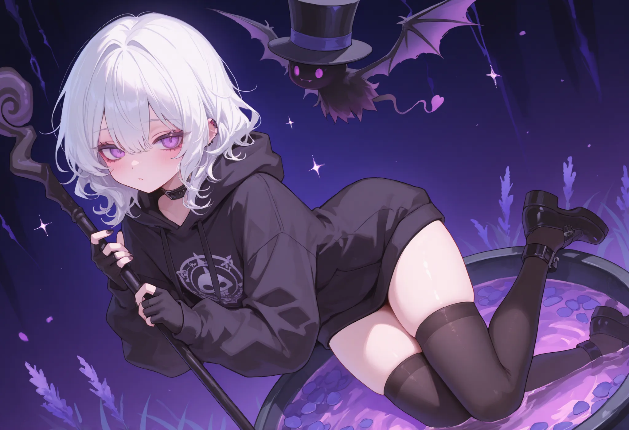 a young man with white hair, wavy hair, medium hair, lavender eyes, femboy, black nail varnish, long fingerless elbow gloves, dark hoodie, thick thights, thighhighs, magician, beside him floats an ethereal bat-winged creature, long height