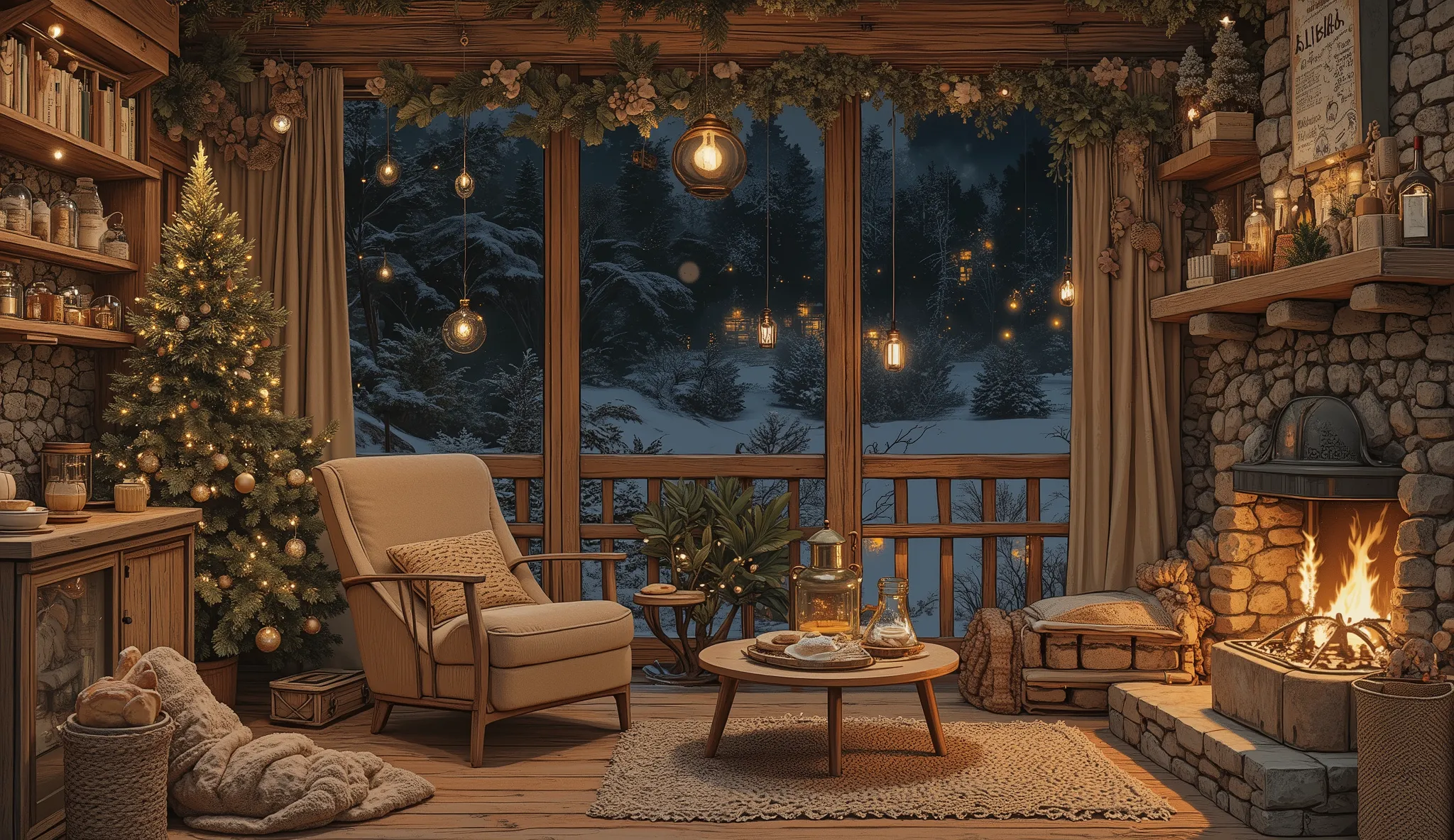 Cozy cabin with fireplace, không có cây Giáng sinhThe scene depicts a Cozy cabin with fireplace, without a rustic cafe Christmas tree, overlooking a beautiful Tranh sơn dầu và acrylic trên vải, một căn bếp của nhà bà ngoại vào ban đêm. Cảnh được dựng theo ...