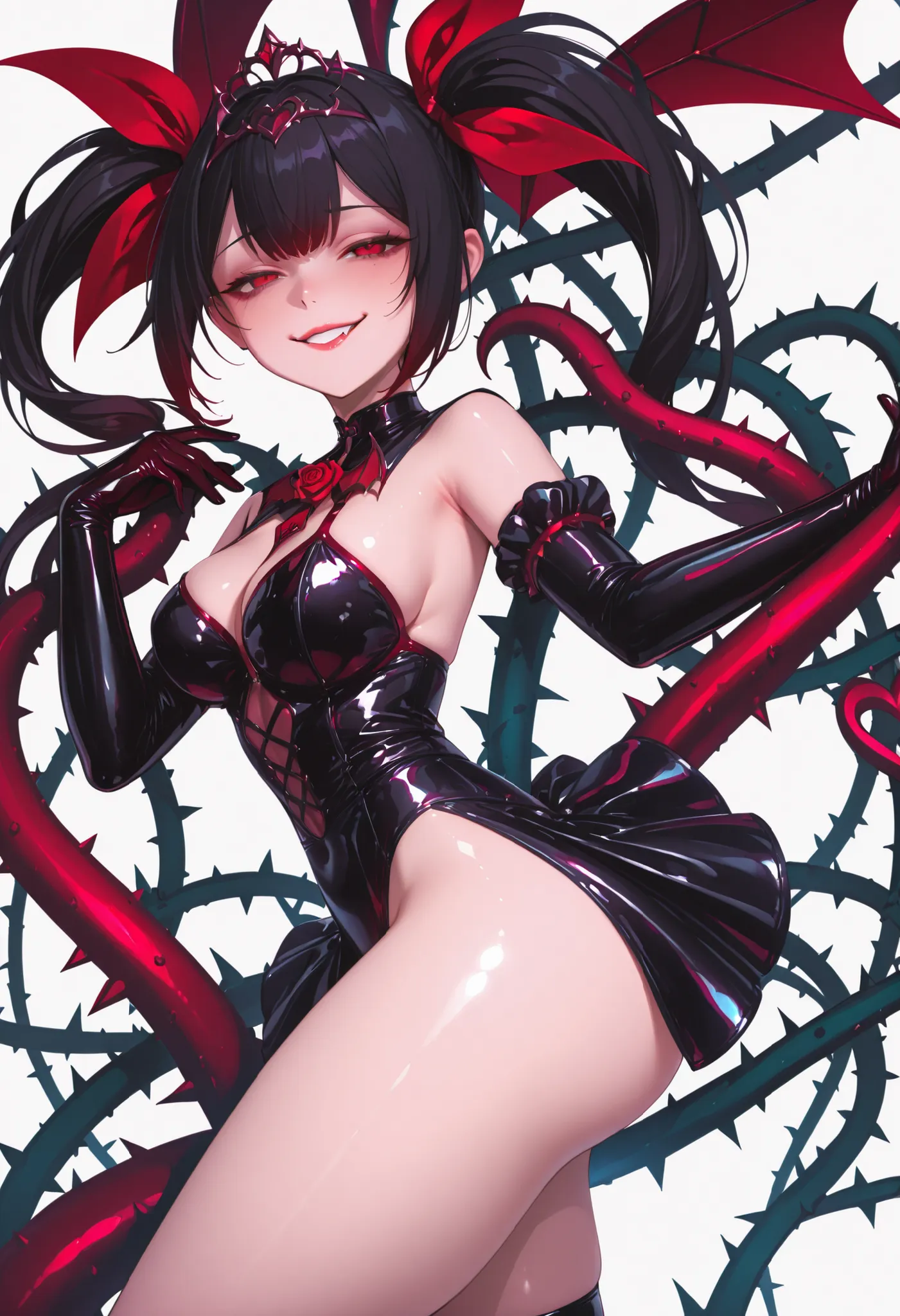 Rose succubus. Black hair. Twin tails. Rose hair accessory. Tiara. Color shifting eyes. Red bangs. Sleepy eyes. Yandere eyes. Smirking. Glossy. Latex costume. Black costume. Metallic red decorations. Black latex long gloves. Firm breasts. Curved waist. Thi...