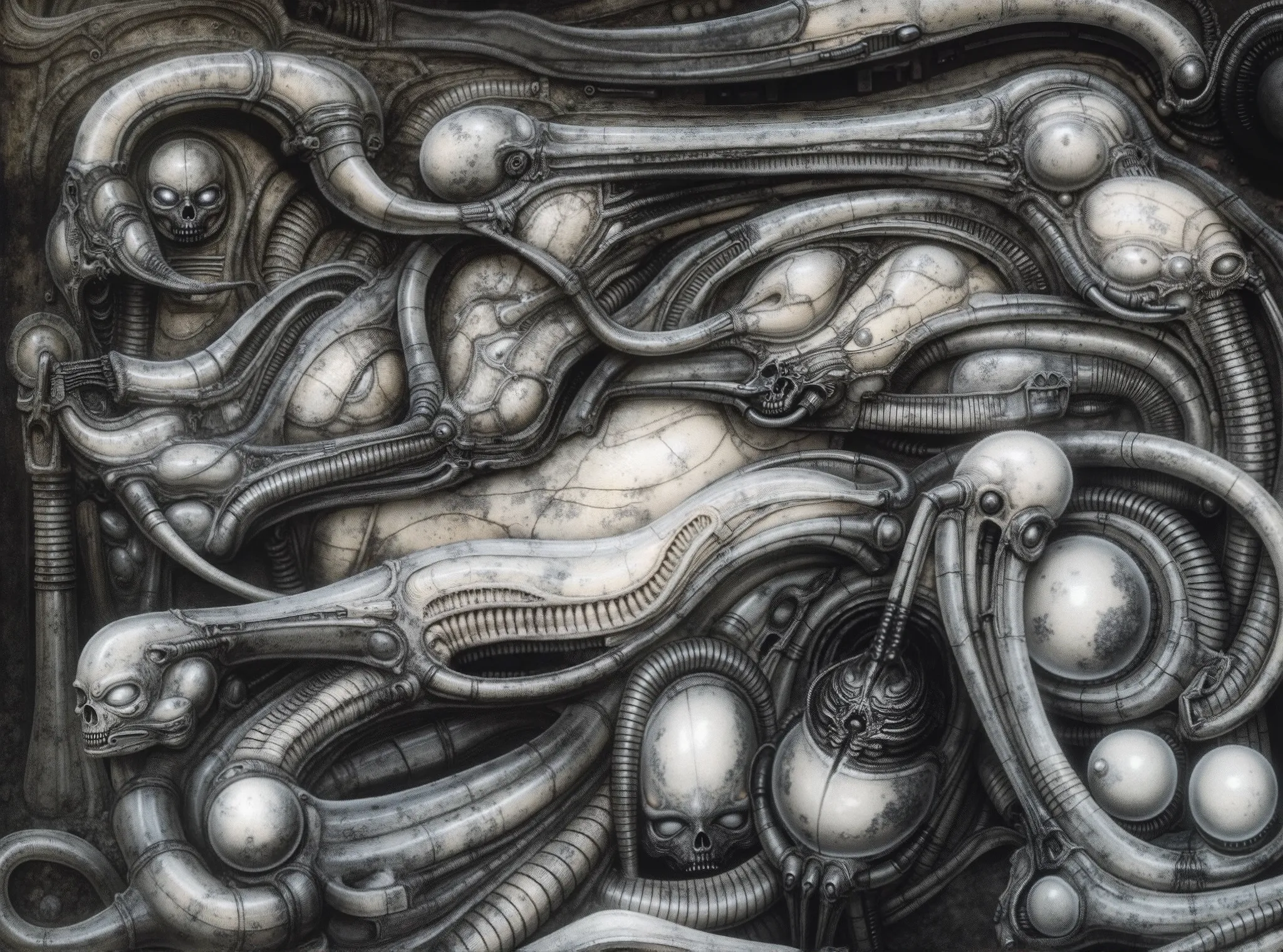 xgiger, DARK BLACK COLORS, , H. R. Giger's g1g3r, , , The image is a detailed view of H.R. Giger's \" HRG Alien III \" plate.
(Ultra-detailed depiction of fossilized remains of an alien civilization, made in the style of biomechanics, with many intertwined...