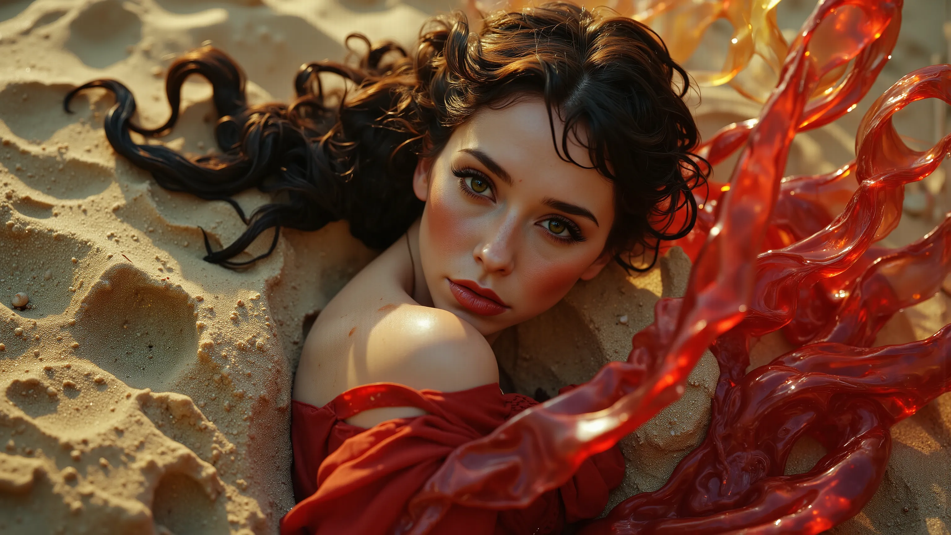 A sexy mystical succubus, wearing a reddish latex outfit, in a Kinetic Sand Temporal Flux style, where the passage of time is captured in the fluidity of sculpted sand. Fleeting shapes are illuminated by hints of red and yellow, with a delicate interplay o...