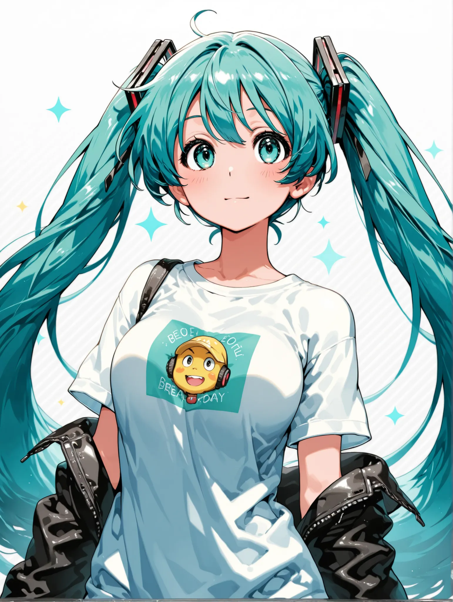 (masterpiece、Highest Quality、Highest Quality、Official Art、beautiful and beautiful:1.2)、(1 girl on break day:1.3)Hatsune Miku、beautiful breasts、薄greenのツインテール、geometric background :1.3、cute girl、 look away 、printed shirt、Picasso painting t-shirt 、 loose cl...