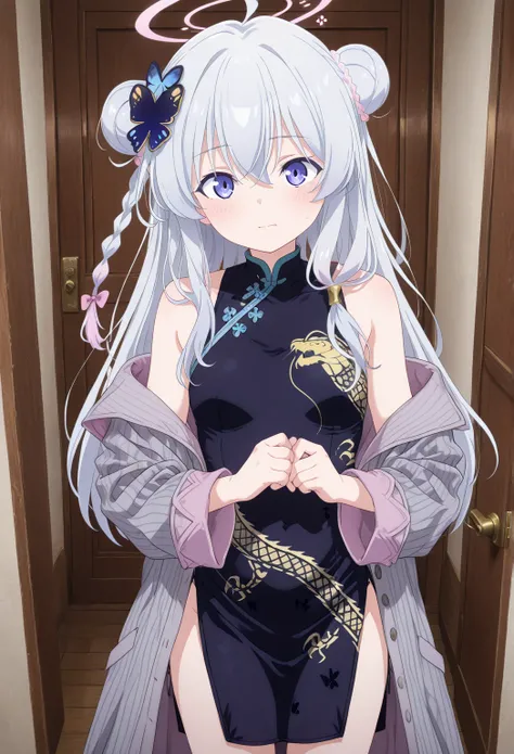 Elaina majo no tabitabi: Stand at the door while folding your hands, tatapan menguji, blue archive kisaki cosplay, kisaki (blue archive) (cosplay), dragon print, china dress, print dress, chinese clothes, pinstripe jacket, sleeveless turtleneck dress, cosplay, vertical-striped jacket, pinstripe pattern, pelvic curtain, striped coat, grey coat, black dress, sleeveless dress,sarung tangan hitam