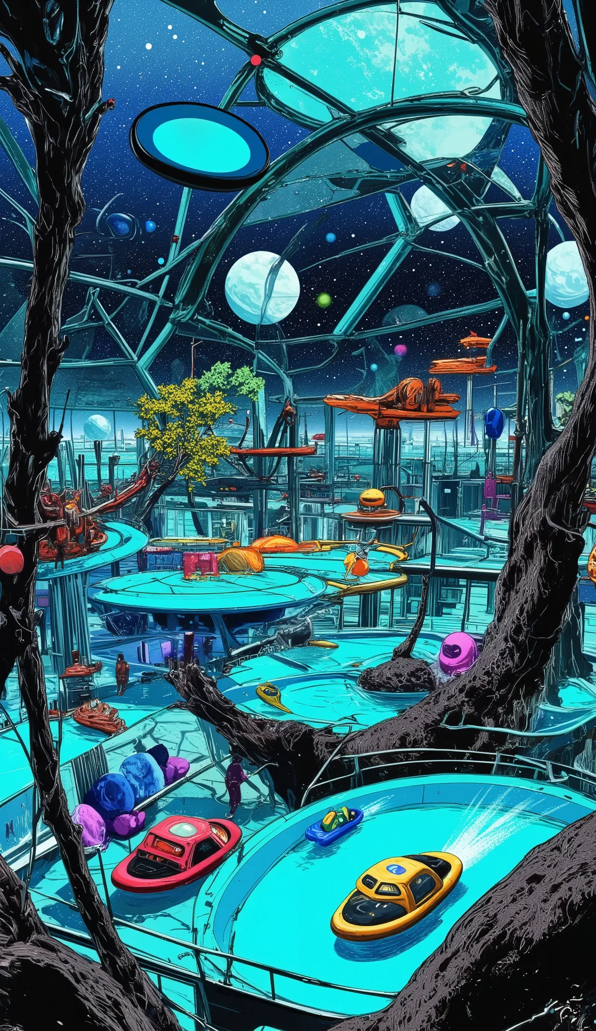 A domed water park that travels between the planets in space、Wearing a space suit、TREE SLIDE、attractions、photographic realism、extreme detail、professional、vivid colors、Planet Exploration 、no gravity、GLASS CAPSULE、SMOOTH AQUA、Reflections、neon light、demonstra...