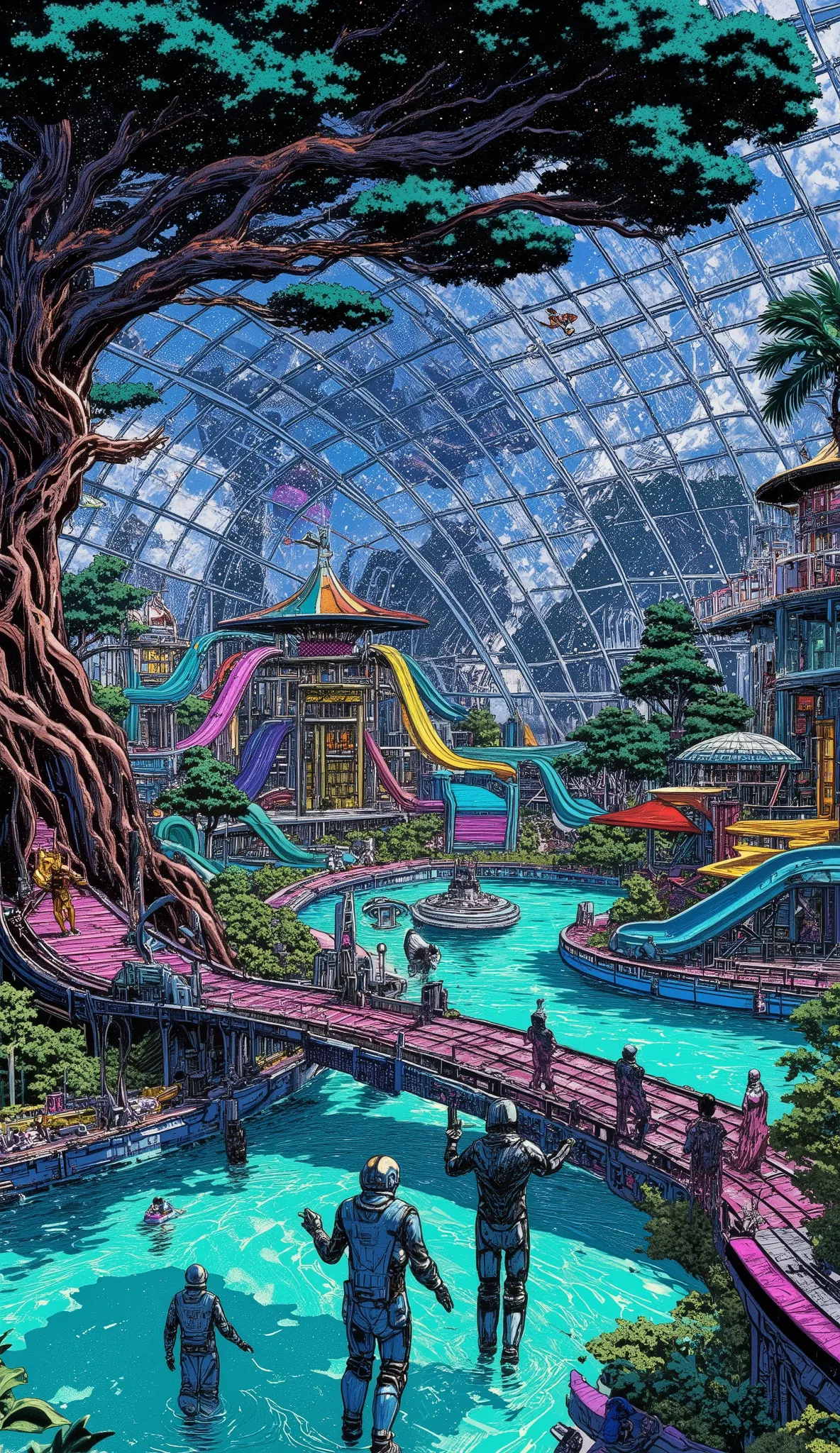 A domed water park that travels between the planets in space、Wearing a space suit、TREE SLIDE、attractions、photographic realism、extreme detail、professional、vivid colors、Planet Exploration 、no gravity、GLASS CAPSULE、SMOOTH AQUA、Reflections、neon light、demonstra...