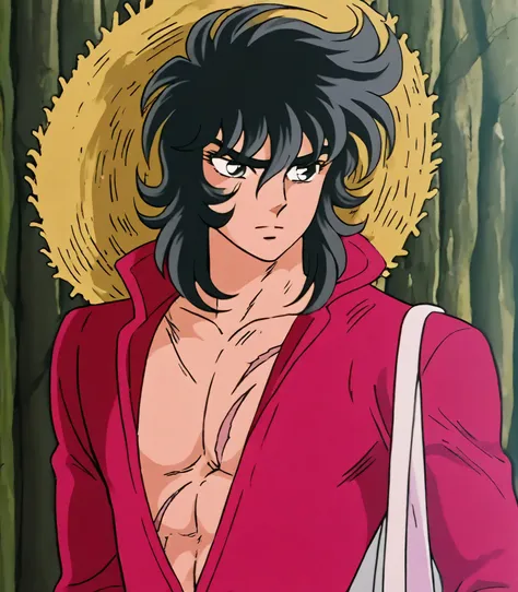  red jacket, scar on chest, straw hat, black hair, 1boy, solo, alone, saint_seiya_style, masterpiece, highres