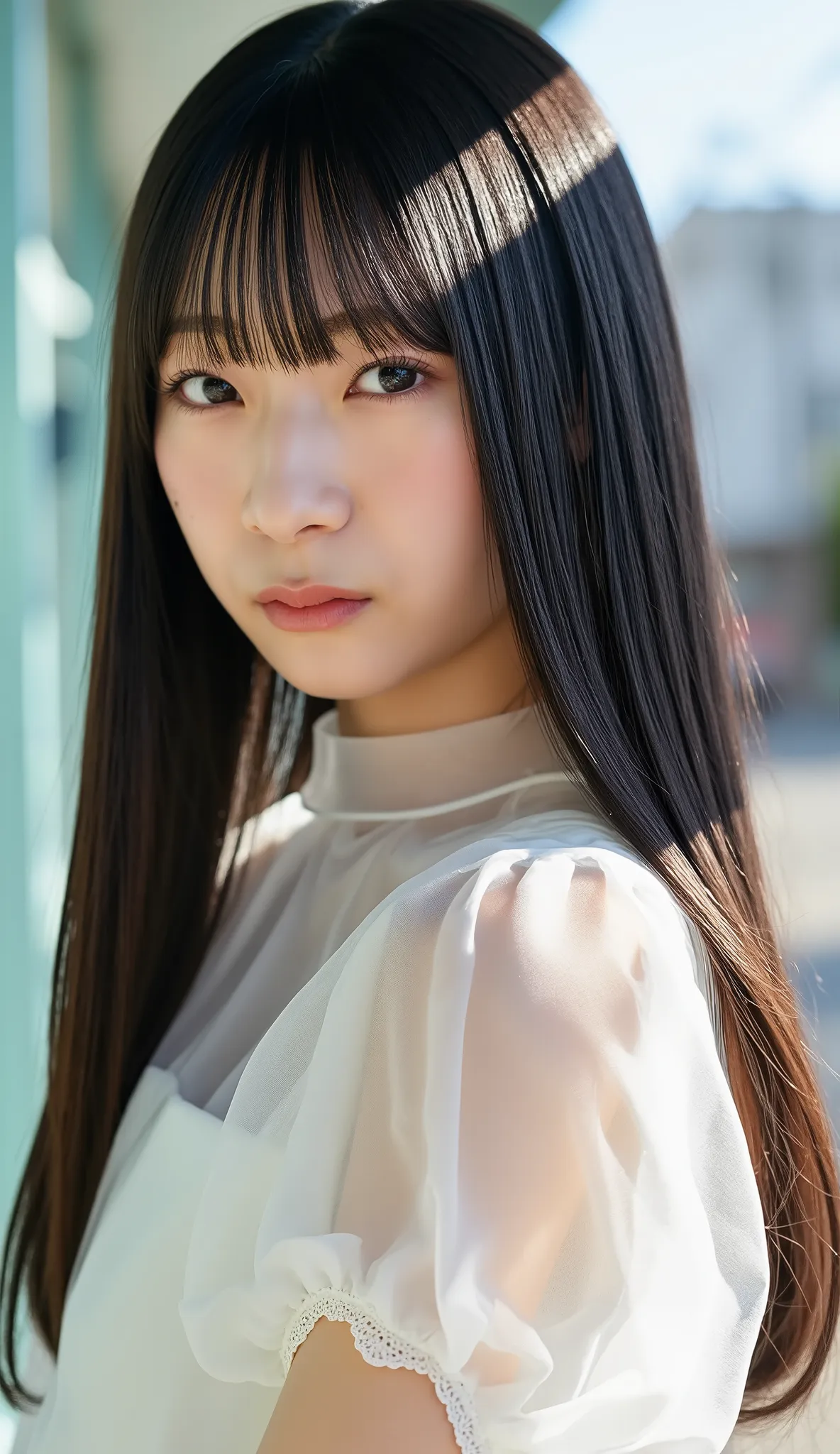 photorealistic, 8k, The image is a portrait of a young Asian woman named sumire with long black hair and bangs that covers her forehead. The lighting is bright soft diffusion light. She is wearing a see through white dress with puffed short sleeves. She is...
