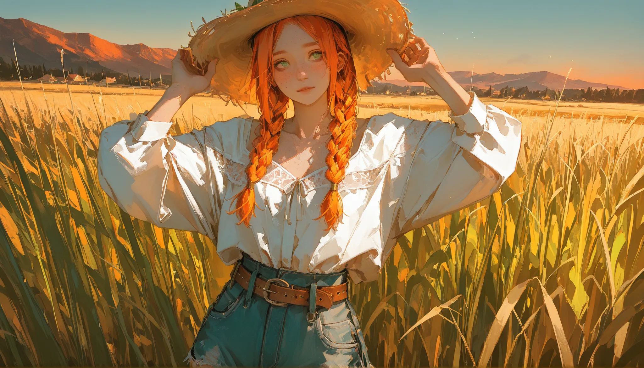 A youthful red-orange–haired girl (orange_reddish), hair braided into two pigtails, vibrant green eyes, light freckles across her cheeks, full of life and energy, standing in a sunlit outdoor meadow at golden hour. She wears a casually chic outfit: a light...