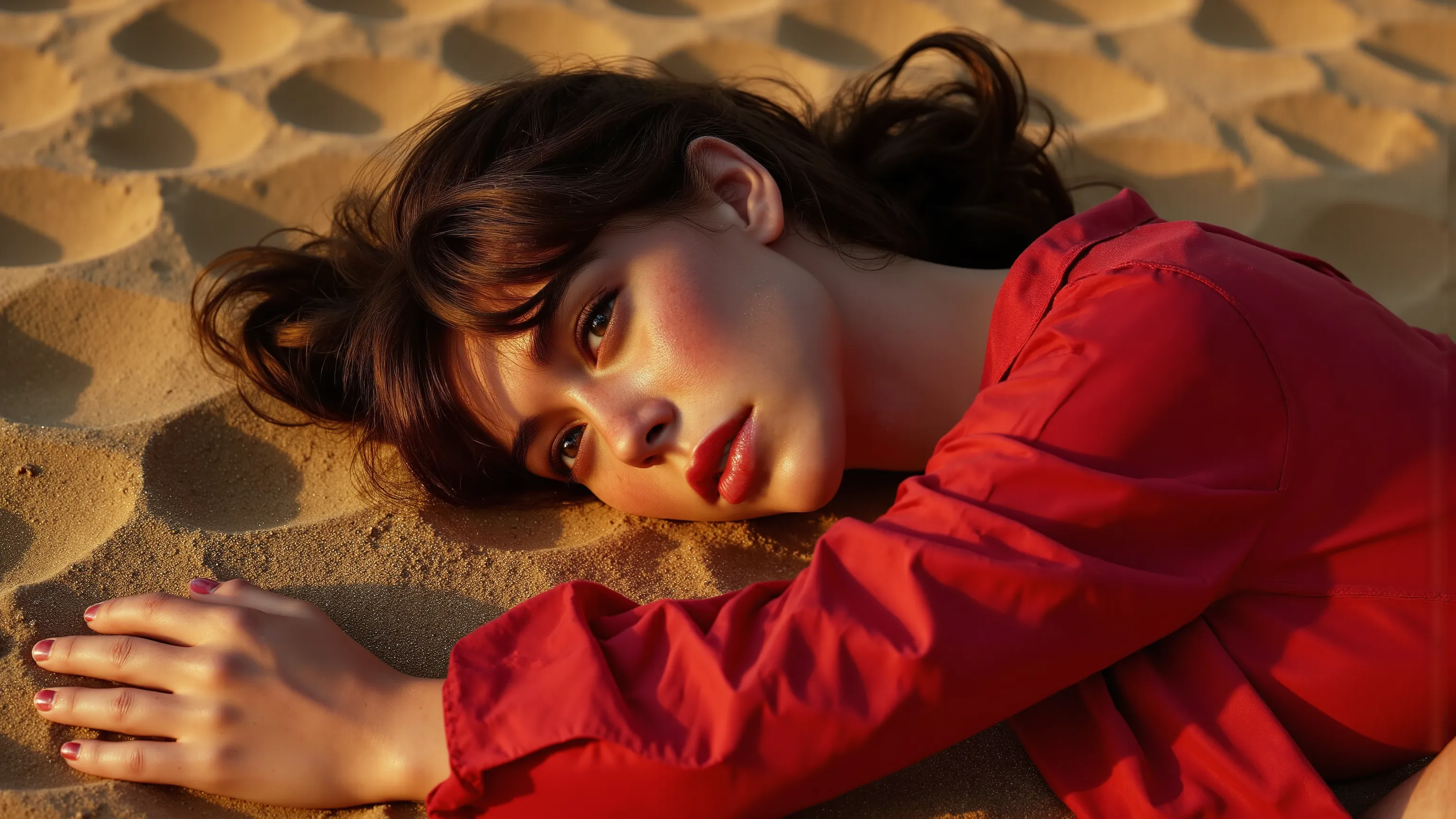 A sexy mystical succubus, wearing a reddish latex outfit, in a Kinetic Sand Temporal Flux style, where the passage of time is captured in the fluidity of sculpted sand. Fleeting shapes are illuminated by hints of red and yellow, with a delicate interplay o...