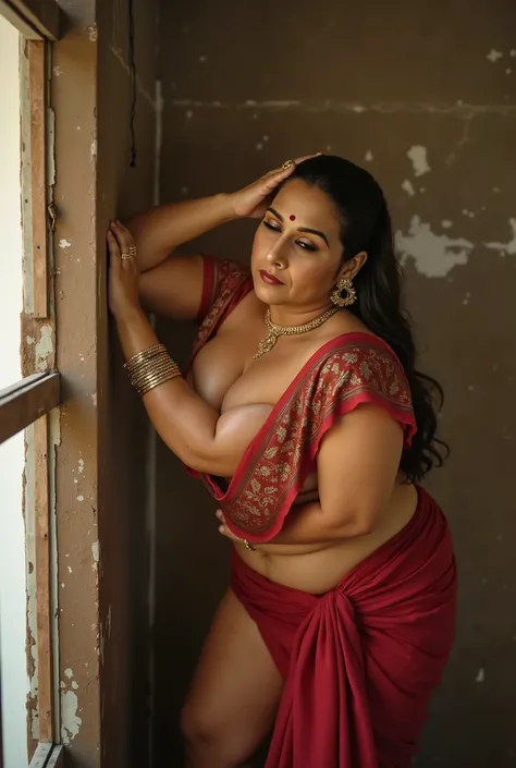 ((Realistic indian plus size bollywood actress Vidya Balan leaning on a kitchen wall and raising her flimsy skirt exposing her erotic thick fat gigantic thighs and legs exposure)) ((wearing big ear rings, bindi and dark lipstick)) ((A boy next to her sitti...