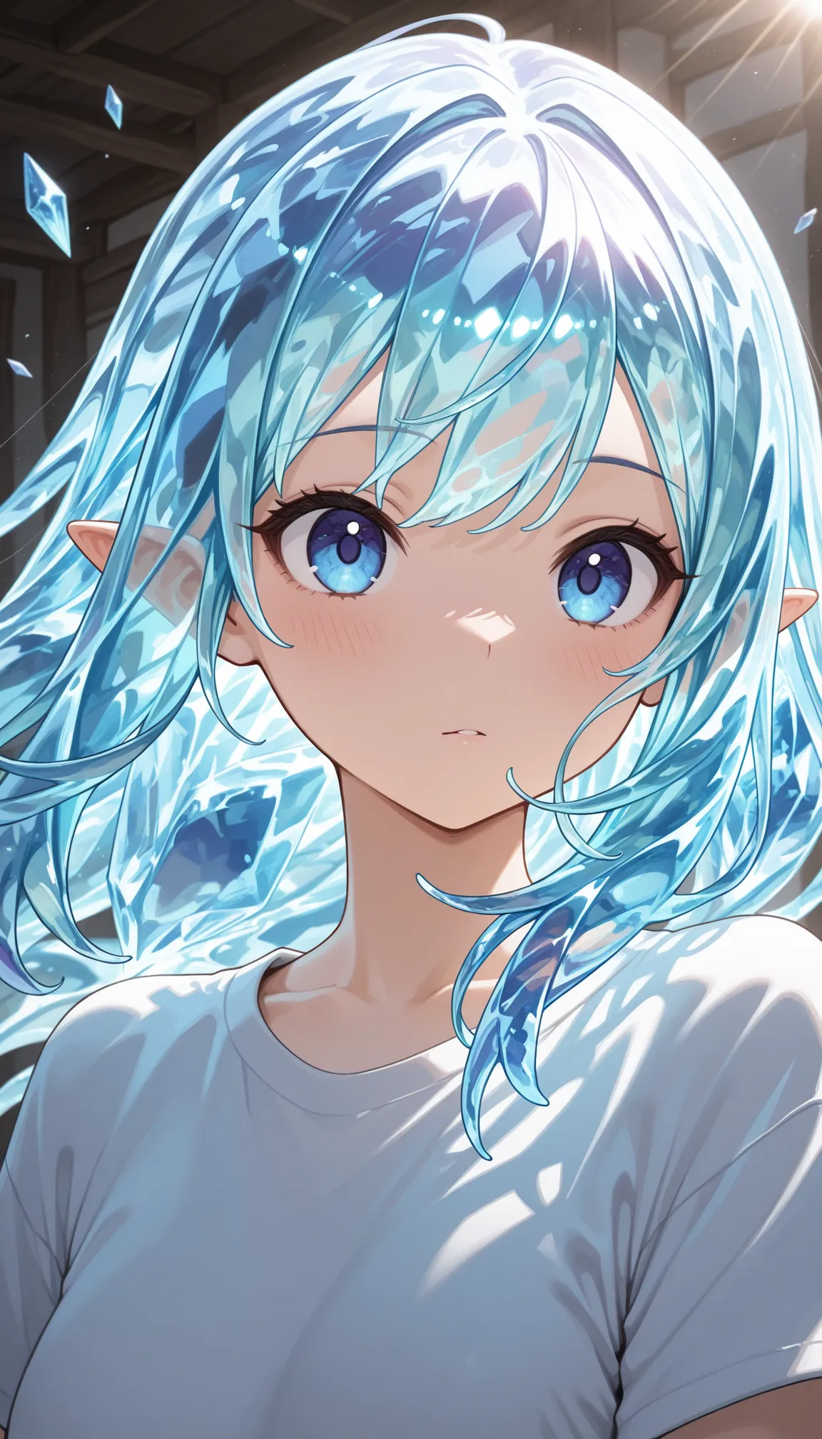 masterpiece, t-shirt, newest ,absurdres, highres,vista muy  close,detailed background, a girl, close,Floating,(((crystal hair))),long hair,Sunlight,portrait,