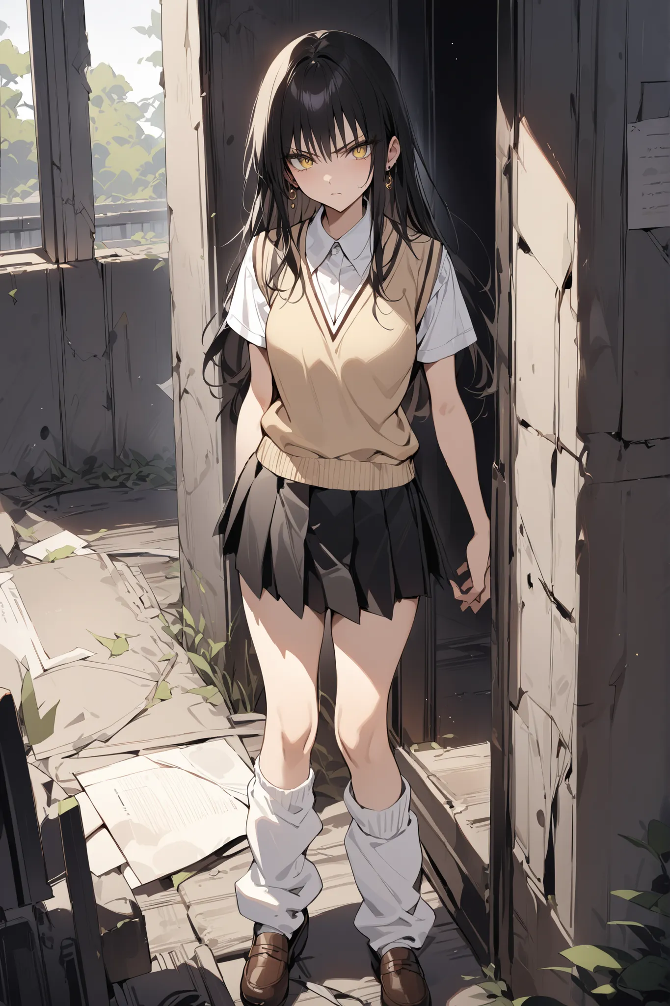 ((masterpiece,Highest Quality:1.2)),A slender high school student standing against an abandoned wall,black long hair,Perfect yellow eyes, tree eyes ,serious expression,brown knit vest,white school short sleeve blouse,(Black Pleated Skirt), wear white loose...